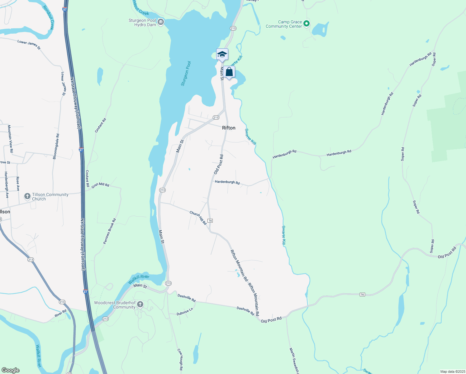 map of restaurants, bars, coffee shops, grocery stores, and more near 265 Hardenburgh Road in Pine Bush