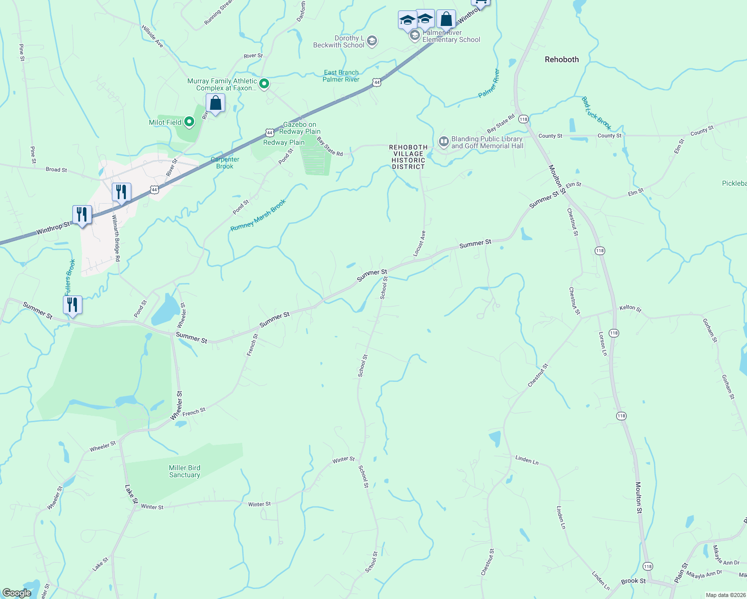 map of restaurants, bars, coffee shops, grocery stores, and more near 18 School St in Rehoboth