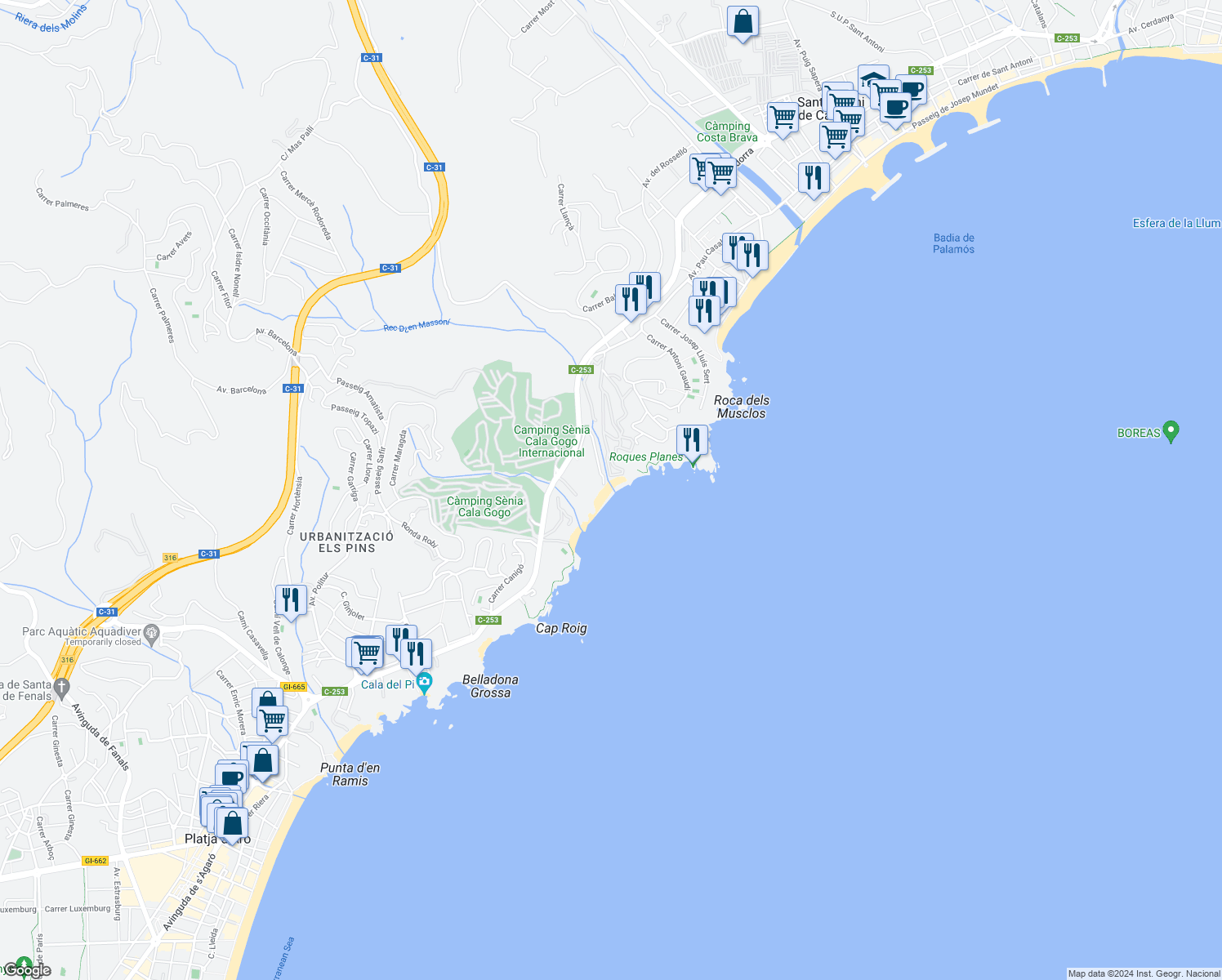 map of restaurants, bars, coffee shops, grocery stores, and more near in Calonge