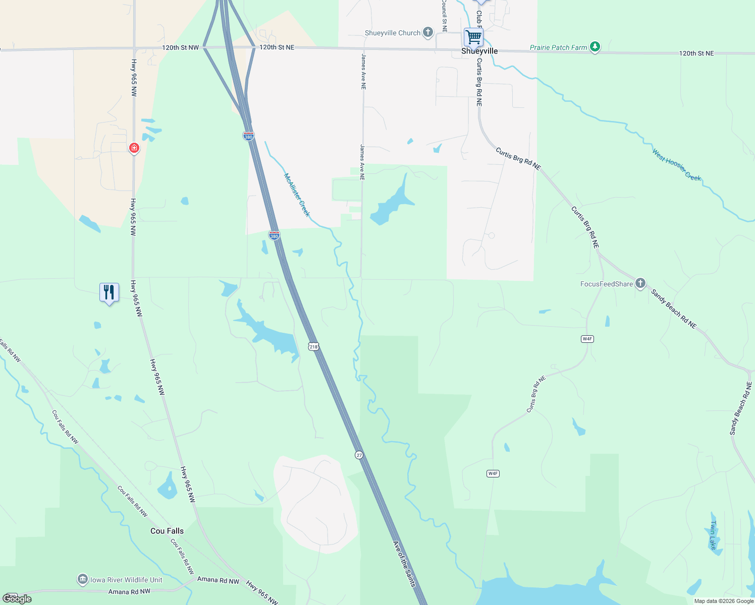map of restaurants, bars, coffee shops, grocery stores, and more near 1418 James Court Northeast in Swisher
