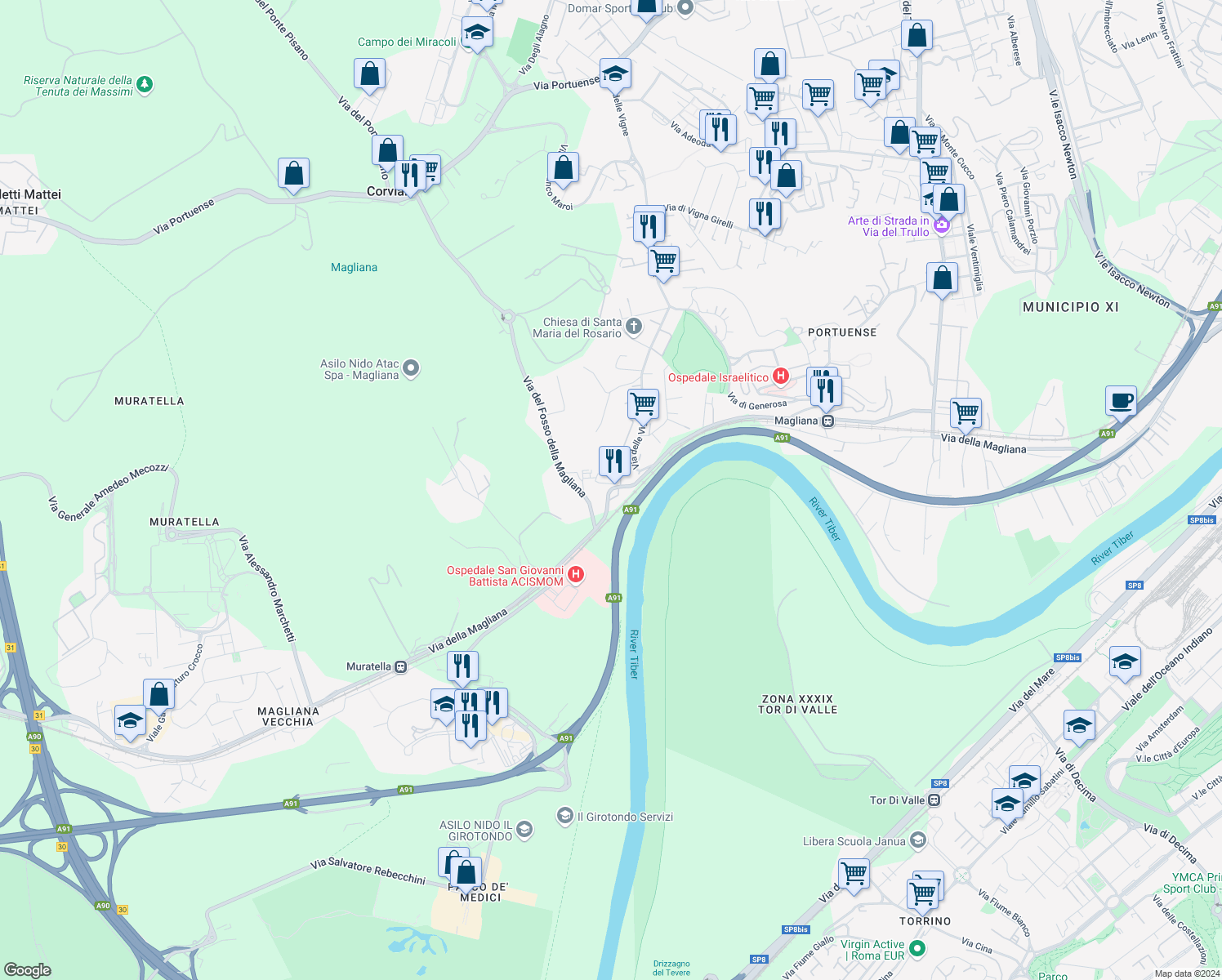 map of restaurants, bars, coffee shops, grocery stores, and more near 74 Via Santi Simplico e Faustino in Roma