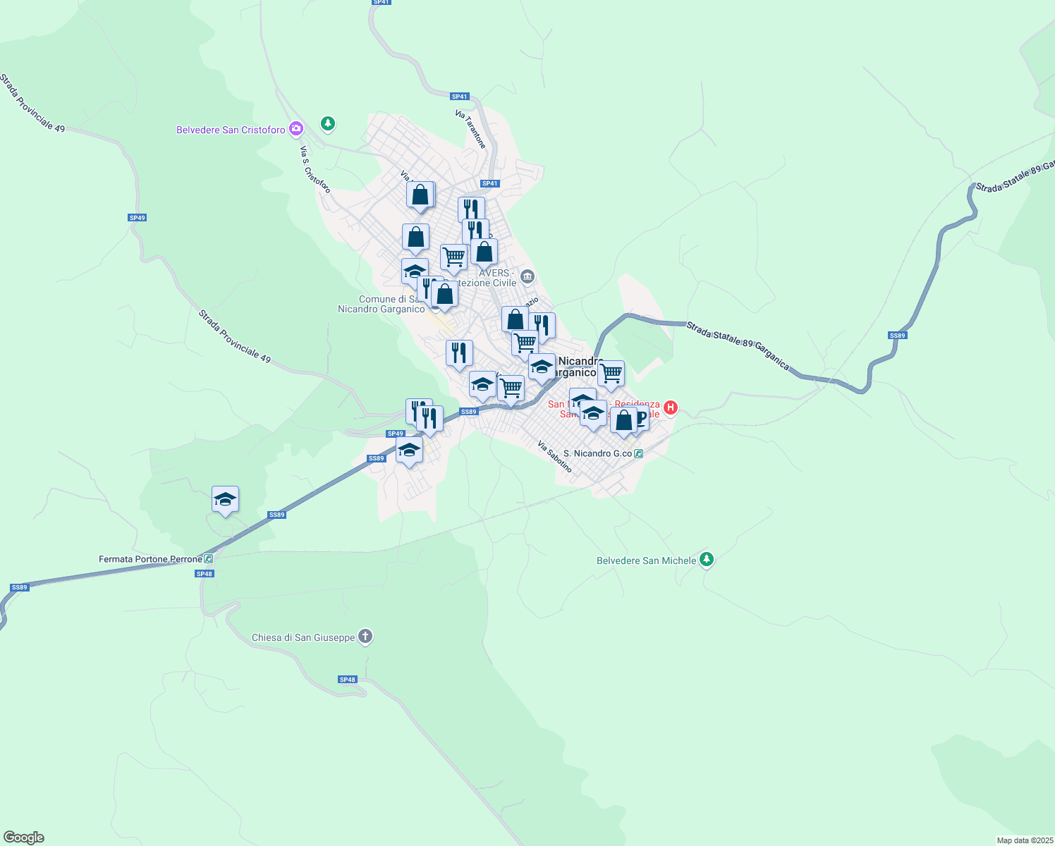 map of restaurants, bars, coffee shops, grocery stores, and more near 12 Via Giuseppe Giusti in San Nicandro Garganico