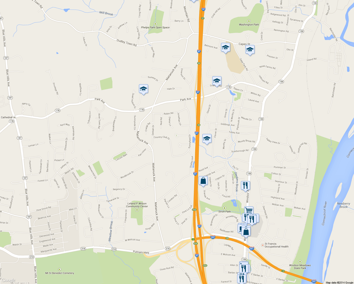 map of restaurants, bars, coffee shops, grocery stores, and more near 32 Fairway Cir in Windsor