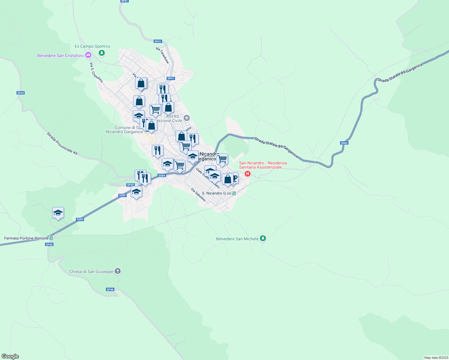 map of restaurants, bars, coffee shops, grocery stores, and more near 19 Via Angelo Carigliano in San Nicandro Garganico