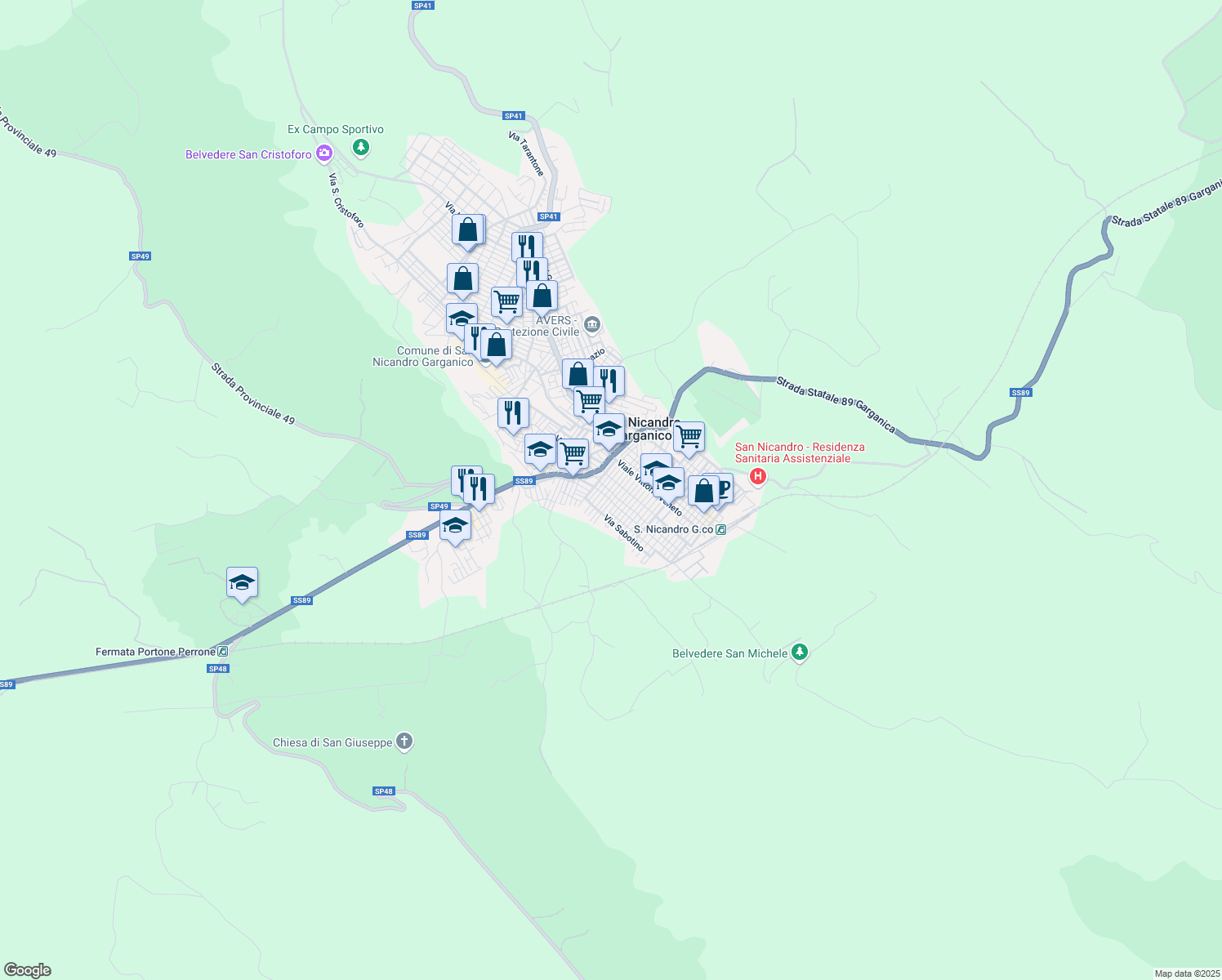 map of restaurants, bars, coffee shops, grocery stores, and more near 15 Via Carso in San Nicandro Garganico