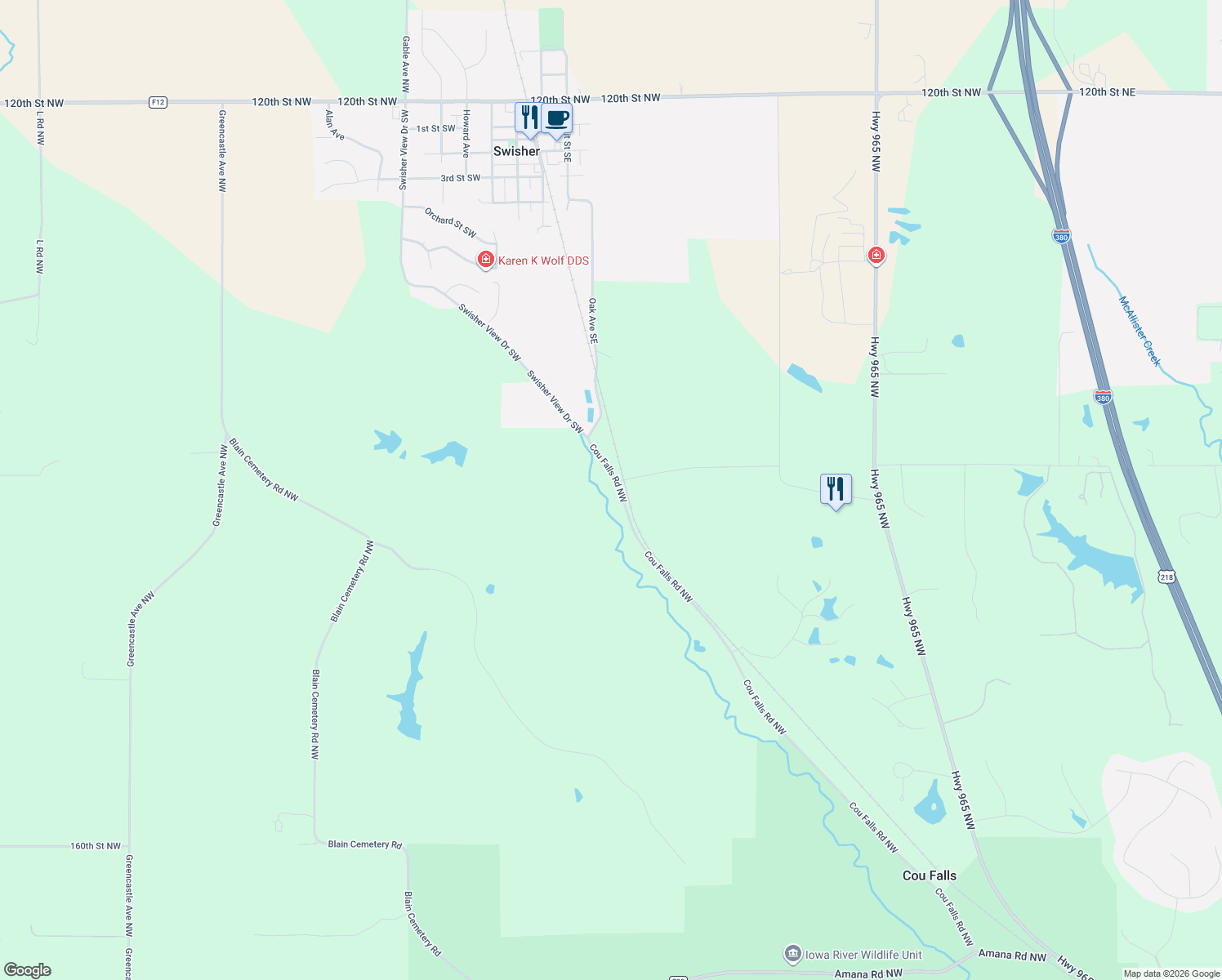 map of restaurants, bars, coffee shops, grocery stores, and more near 1409 Cou Falls Road Northwest in Swisher