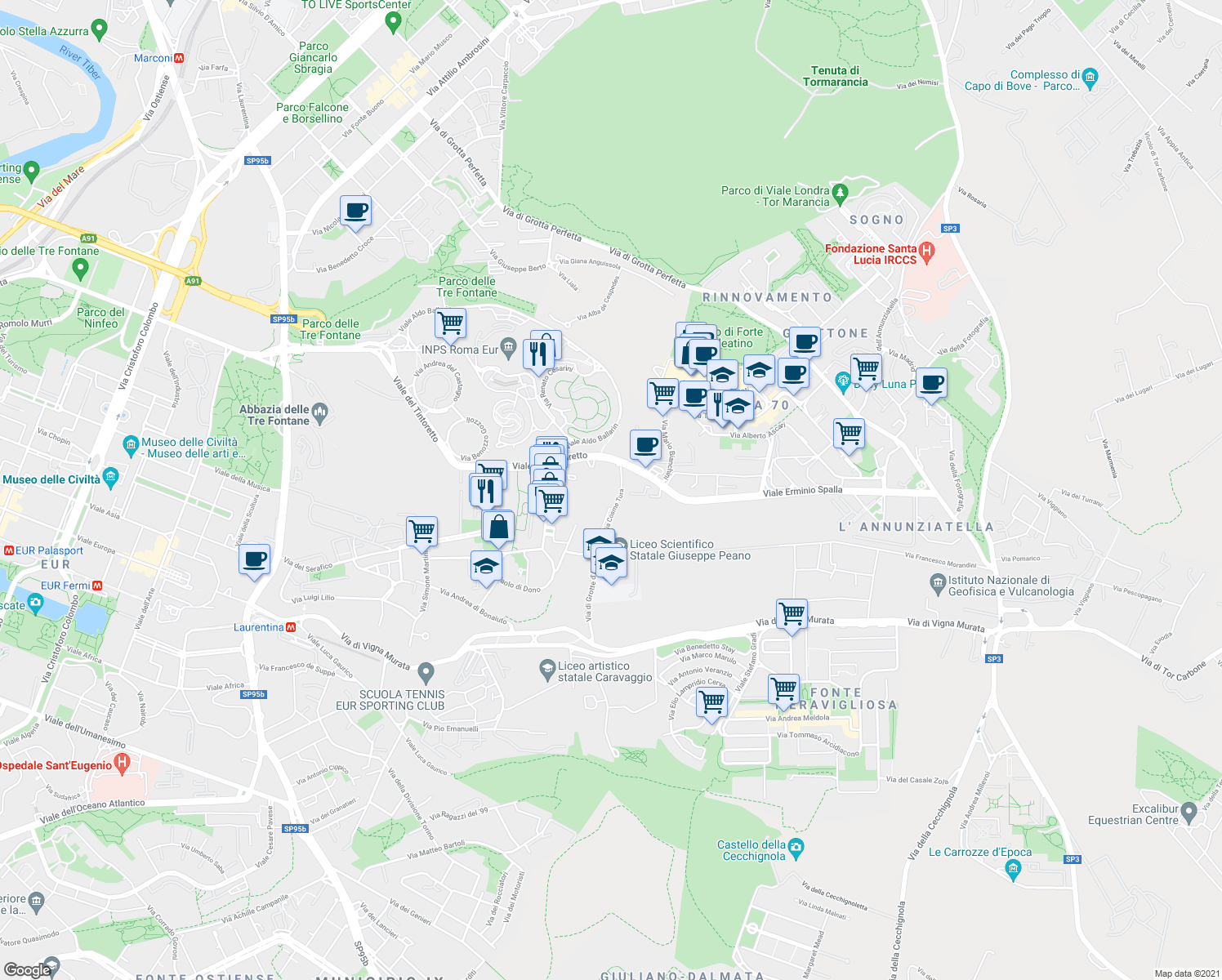 map of restaurants, bars, coffee shops, grocery stores, and more near 432 Viale del Tintoretto in Roma