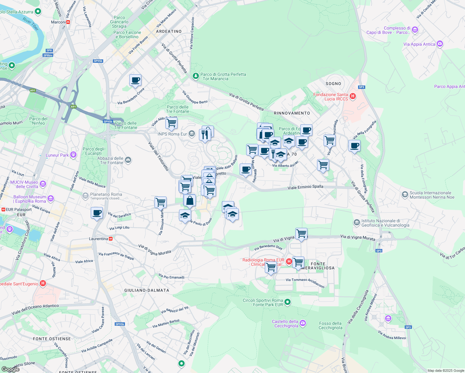 map of restaurants, bars, coffee shops, grocery stores, and more near 432 Viale del Tintoretto in Roma