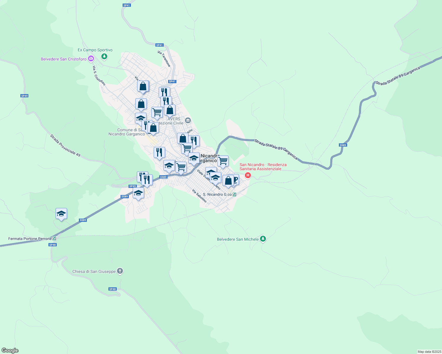 map of restaurants, bars, coffee shops, grocery stores, and more near 19 Via Angelo Carigliano in San Nicandro Garganico