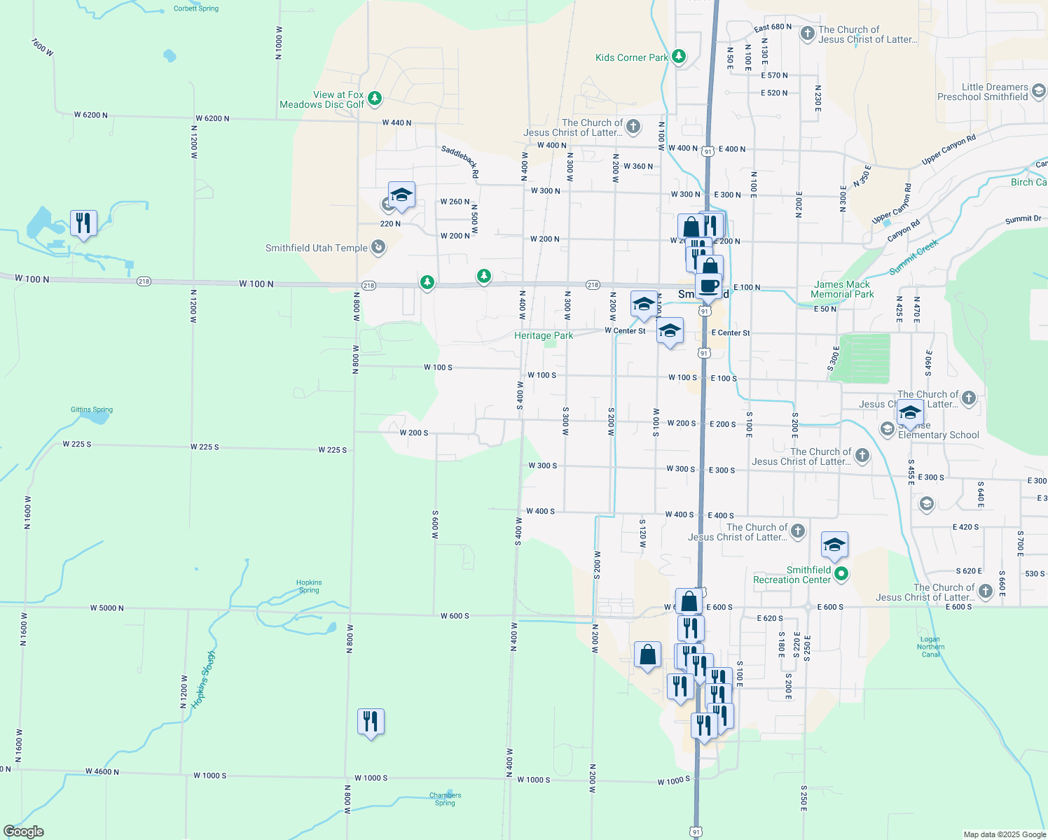 map of restaurants, bars, coffee shops, grocery stores, and more near West 200 South in Smithfield