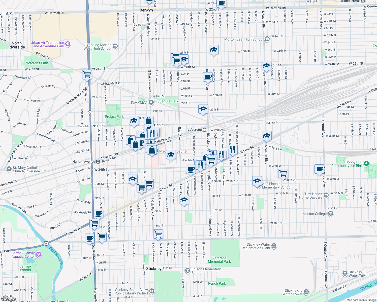 map of restaurants, bars, coffee shops, grocery stores, and more near 6512 33rd Street in Berwyn