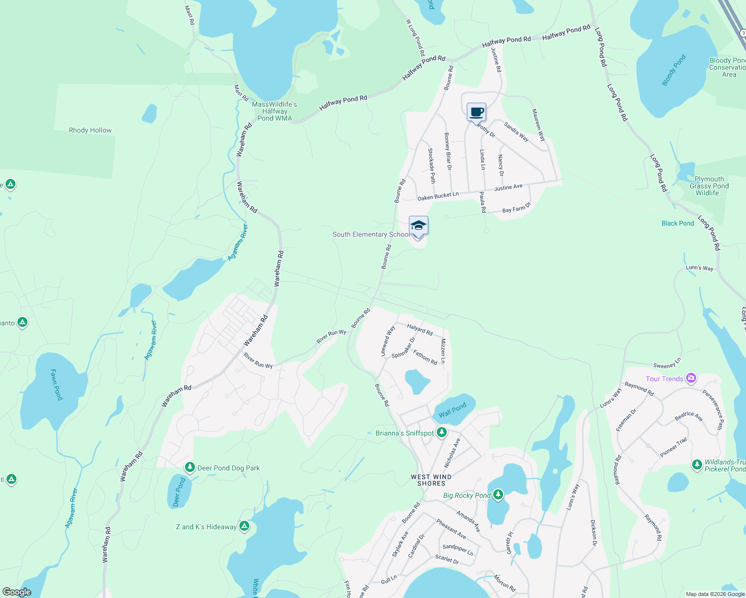 map of restaurants, bars, coffee shops, grocery stores, and more near 216 Bourne Road in Plymouth
