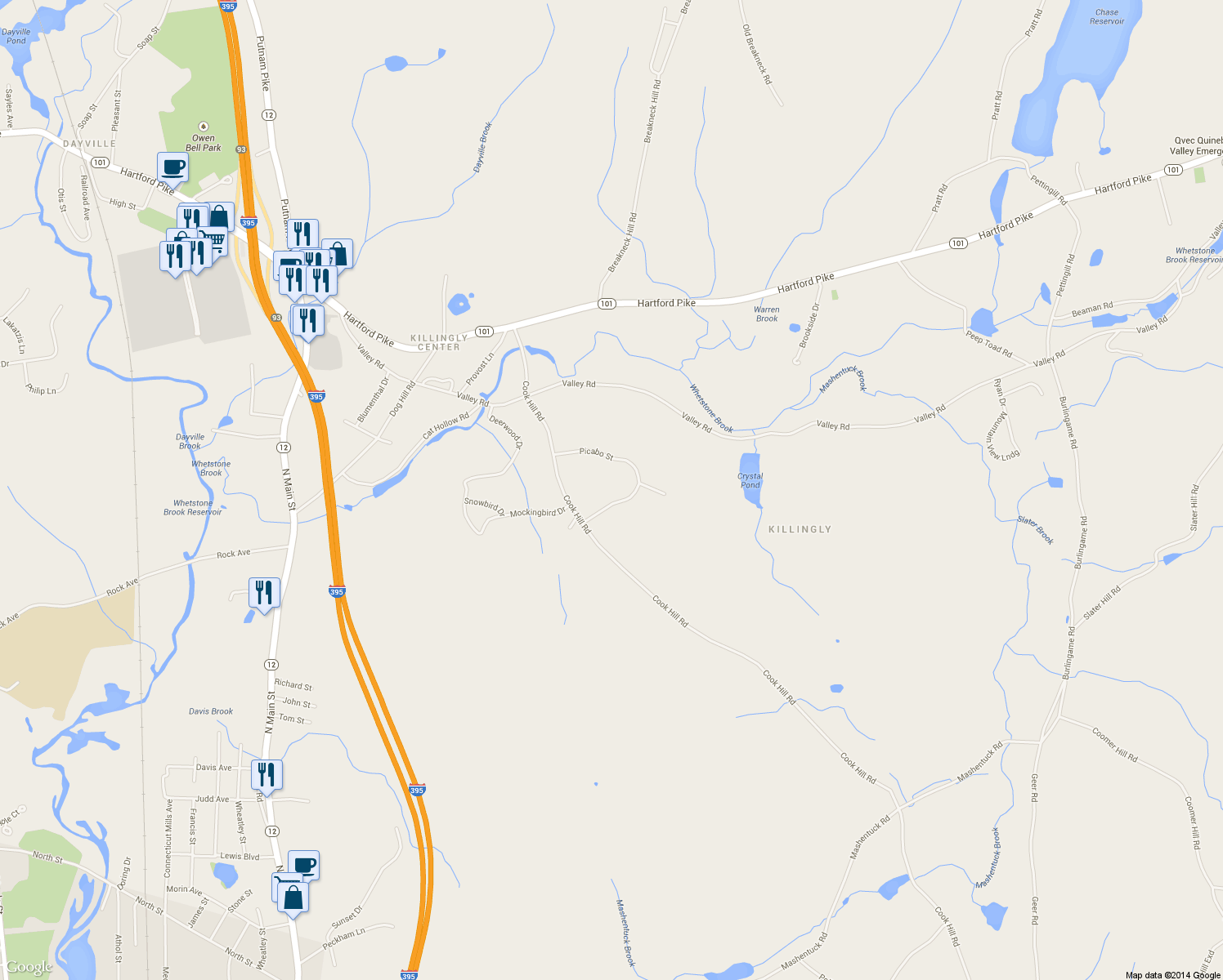 map of restaurants, bars, coffee shops, grocery stores, and more near 25 Picabo St in Killingly