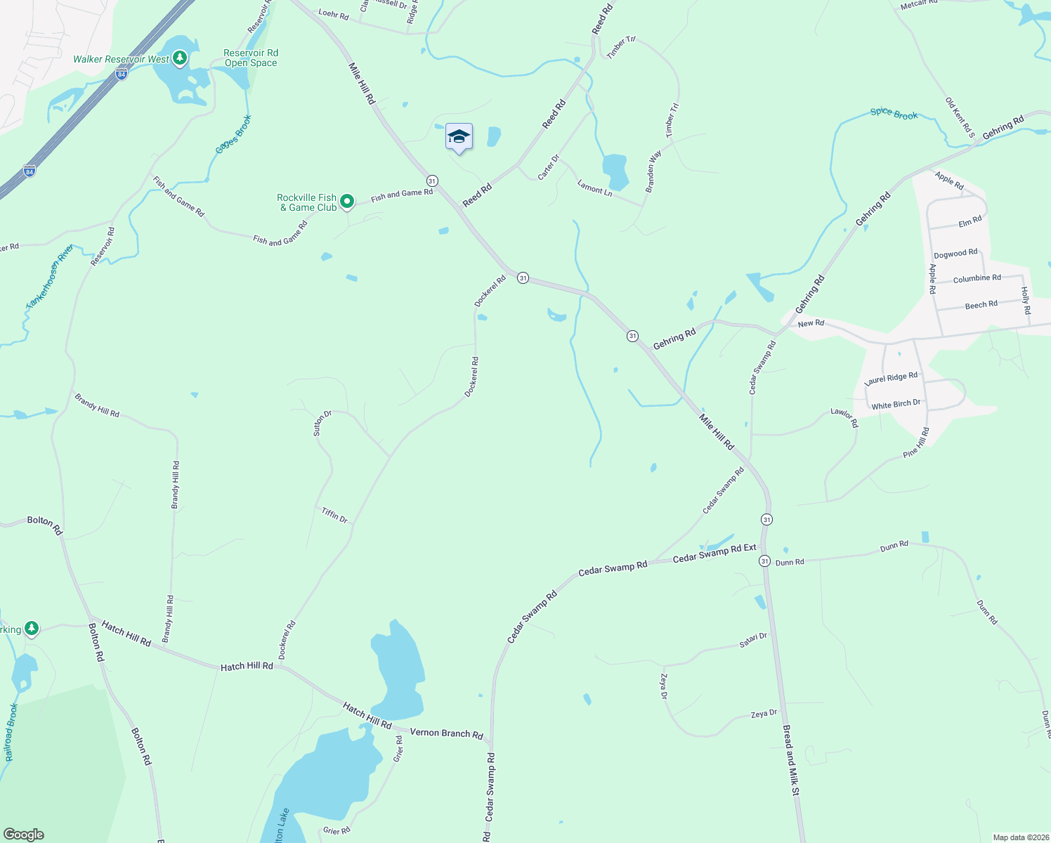 map of restaurants, bars, coffee shops, grocery stores, and more near 93 Dockerel Road in Tolland