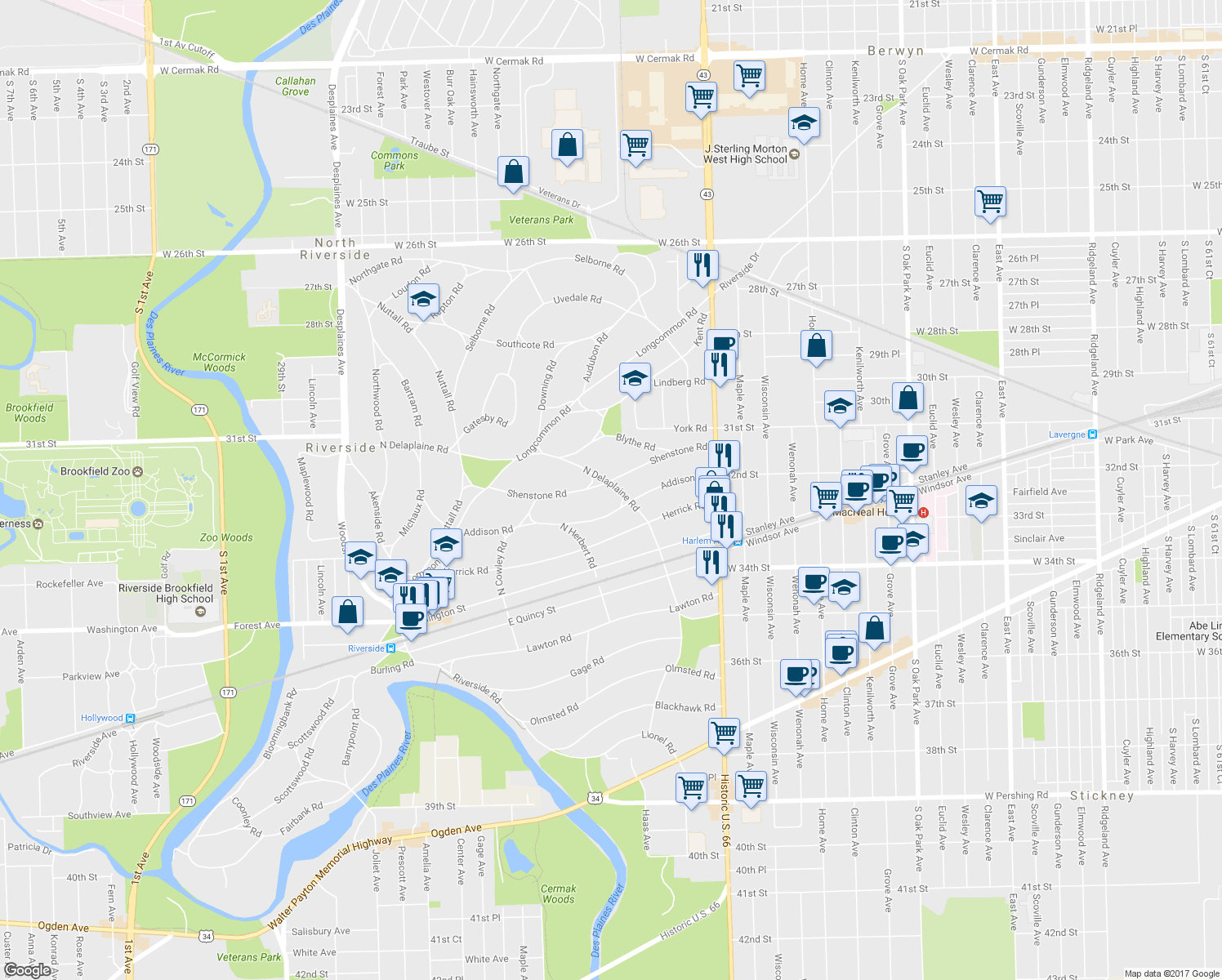 map of restaurants, bars, coffee shops, grocery stores, and more near 100 North Delaplaine Road in Riverside