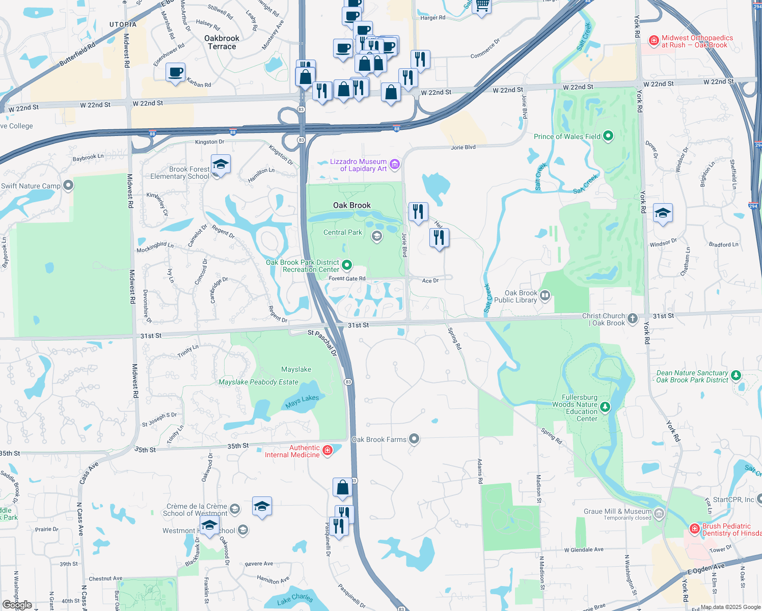 map of restaurants, bars, coffee shops, grocery stores, and more near 29 Forest Gate Cir in Oak Brook