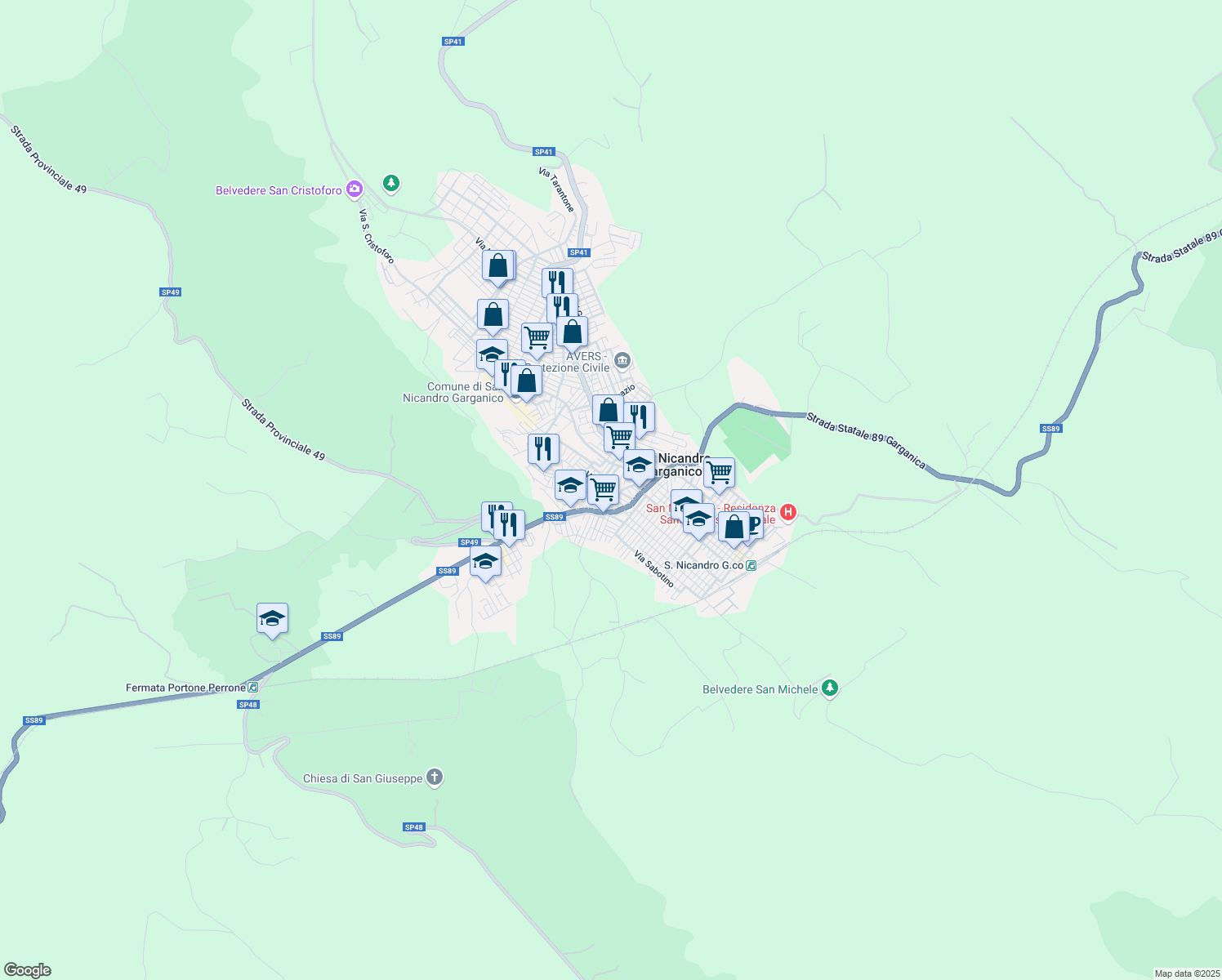 map of restaurants, bars, coffee shops, grocery stores, and more near 3 Via Giuseppe Pescione in San Nicandro Garganico