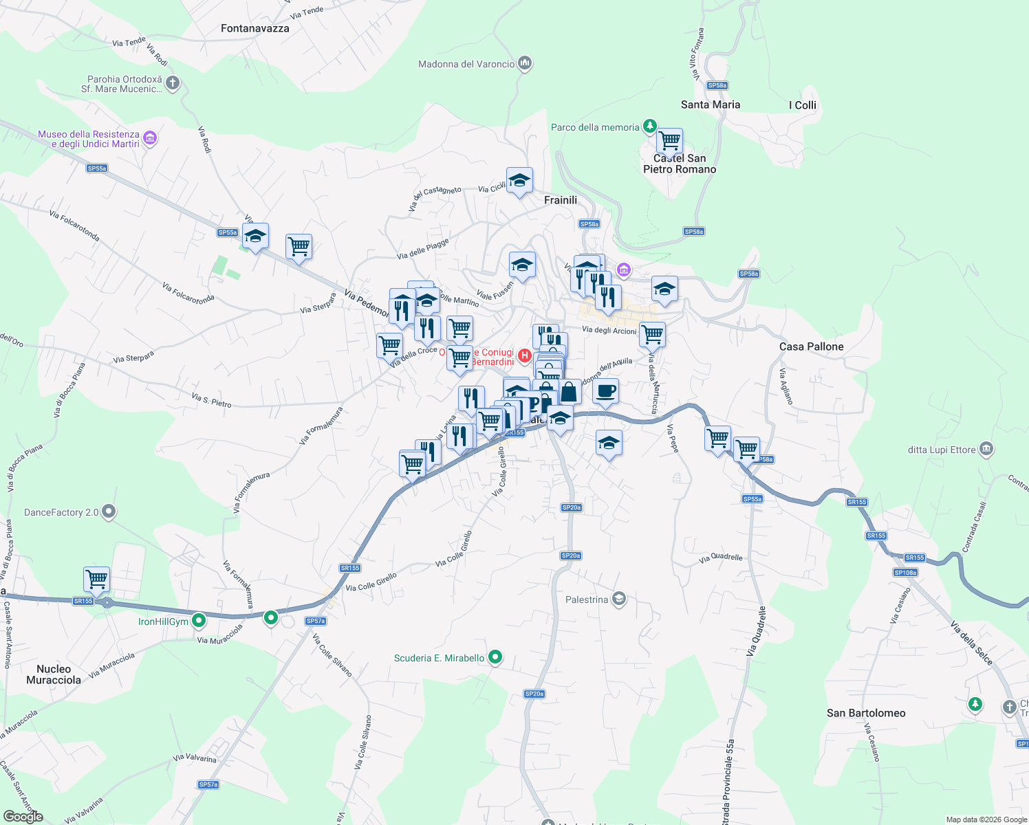 map of restaurants, bars, coffee shops, grocery stores, and more near 22 Viale Ungheria in Palestrina