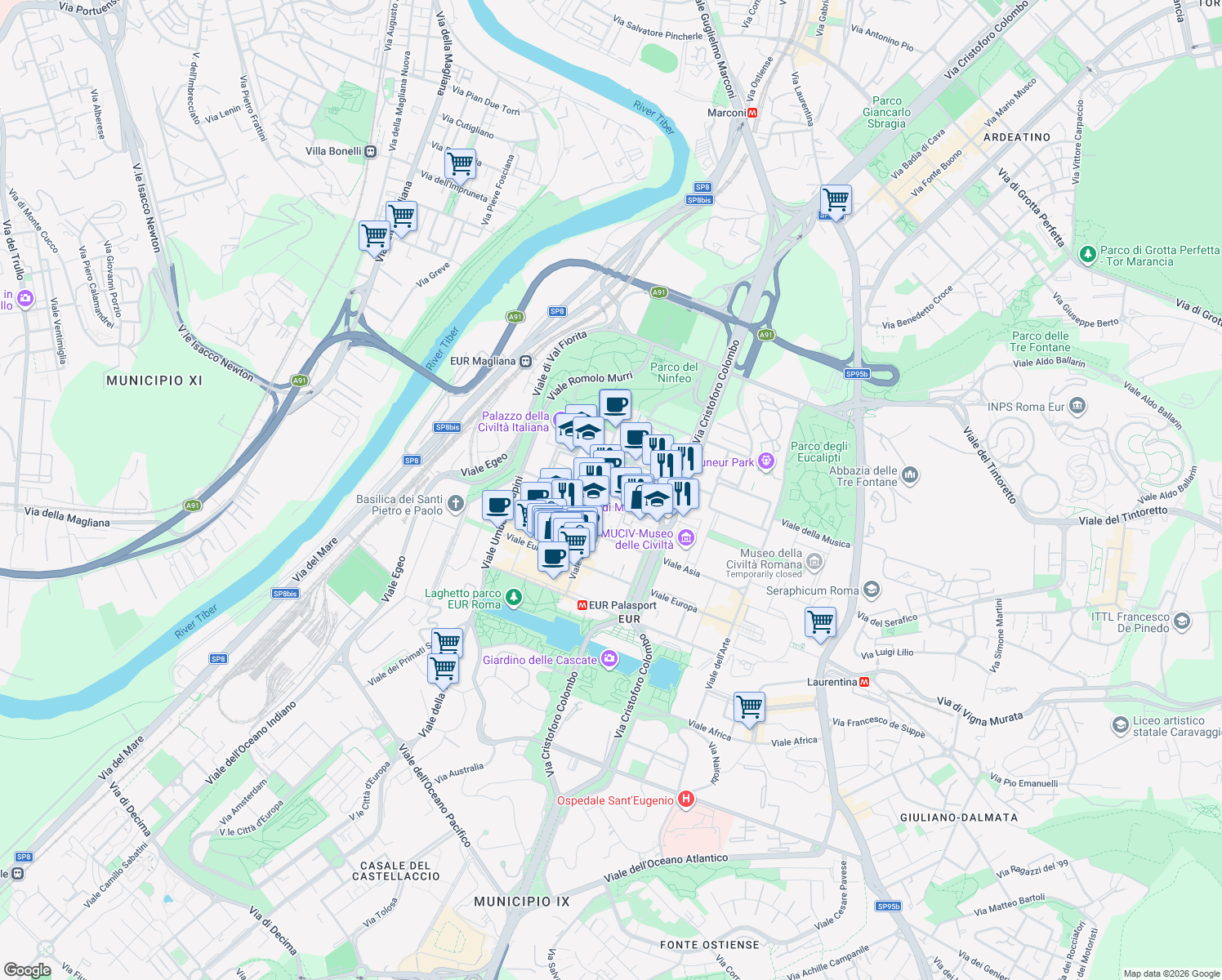 map of restaurants, bars, coffee shops, grocery stores, and more near 21 Piazzale Luigi Sturzo in Roma