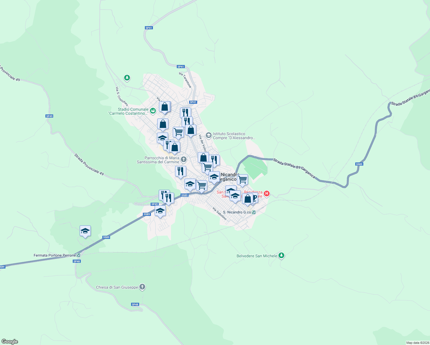 map of restaurants, bars, coffee shops, grocery stores, and more near 48 SP41 in San Nicandro Garganico
