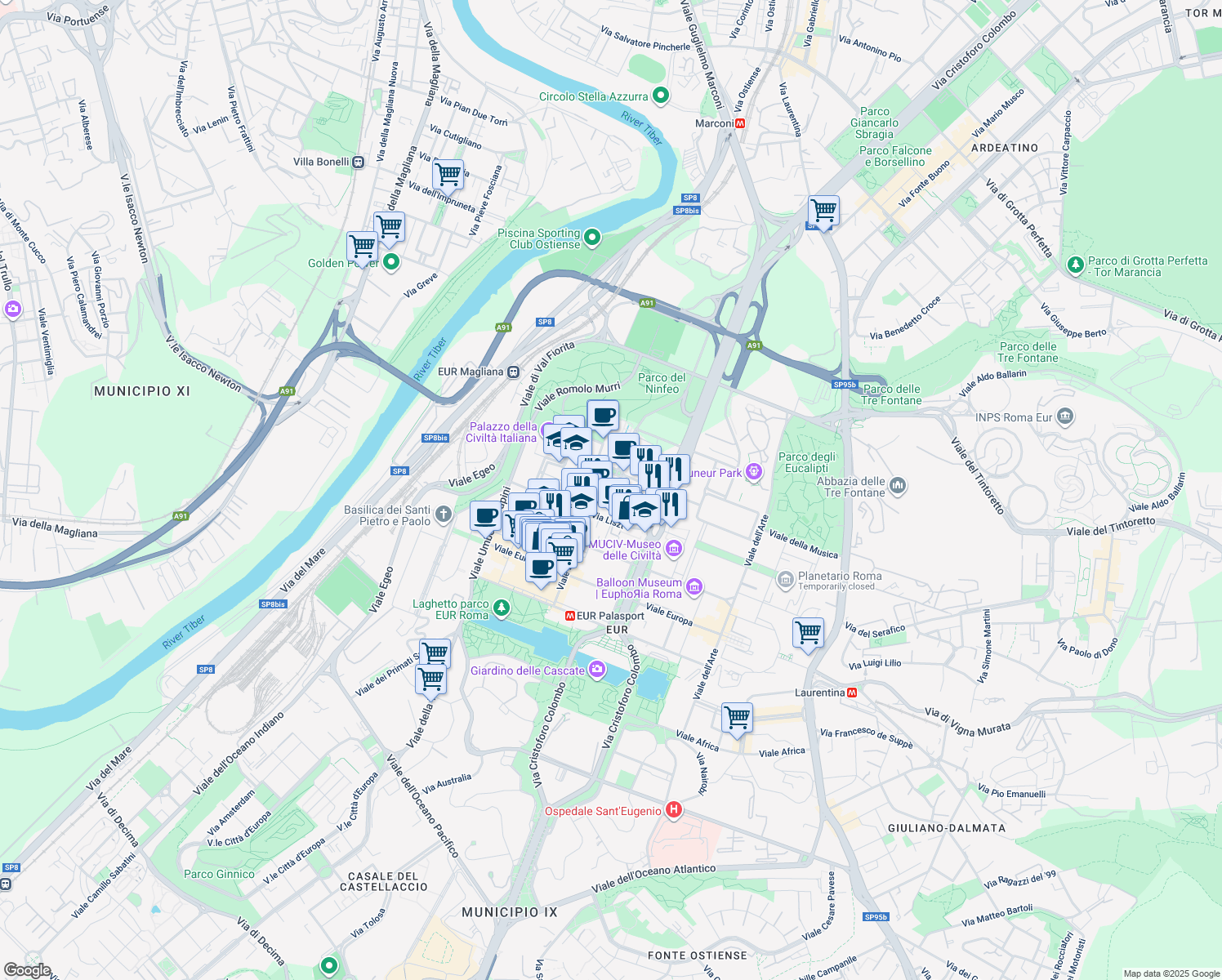 map of restaurants, bars, coffee shops, grocery stores, and more near 11 Viale Beethoven in Roma