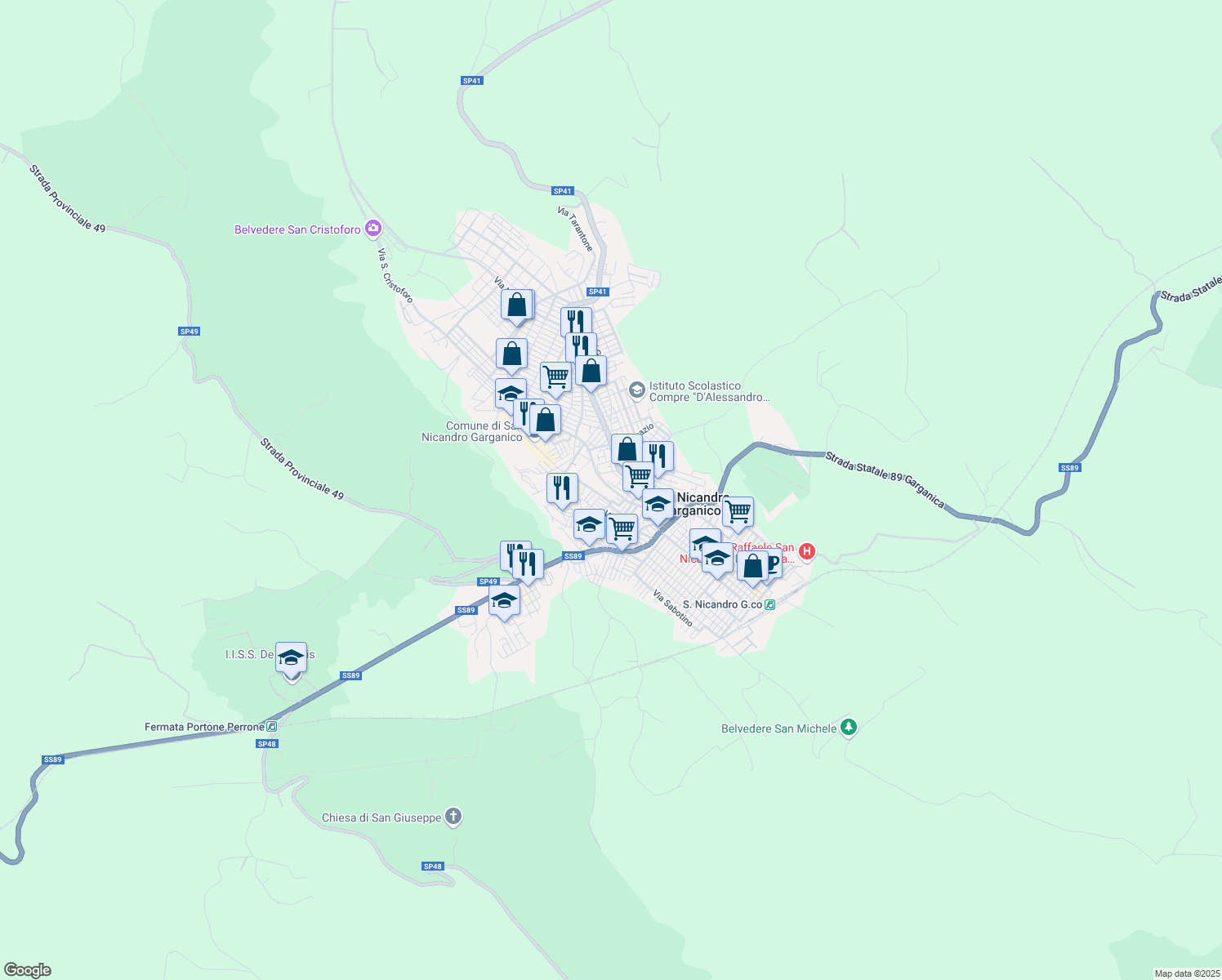 map of restaurants, bars, coffee shops, grocery stores, and more near 99 Via Giacomo Matteotti in San Nicandro Garganico