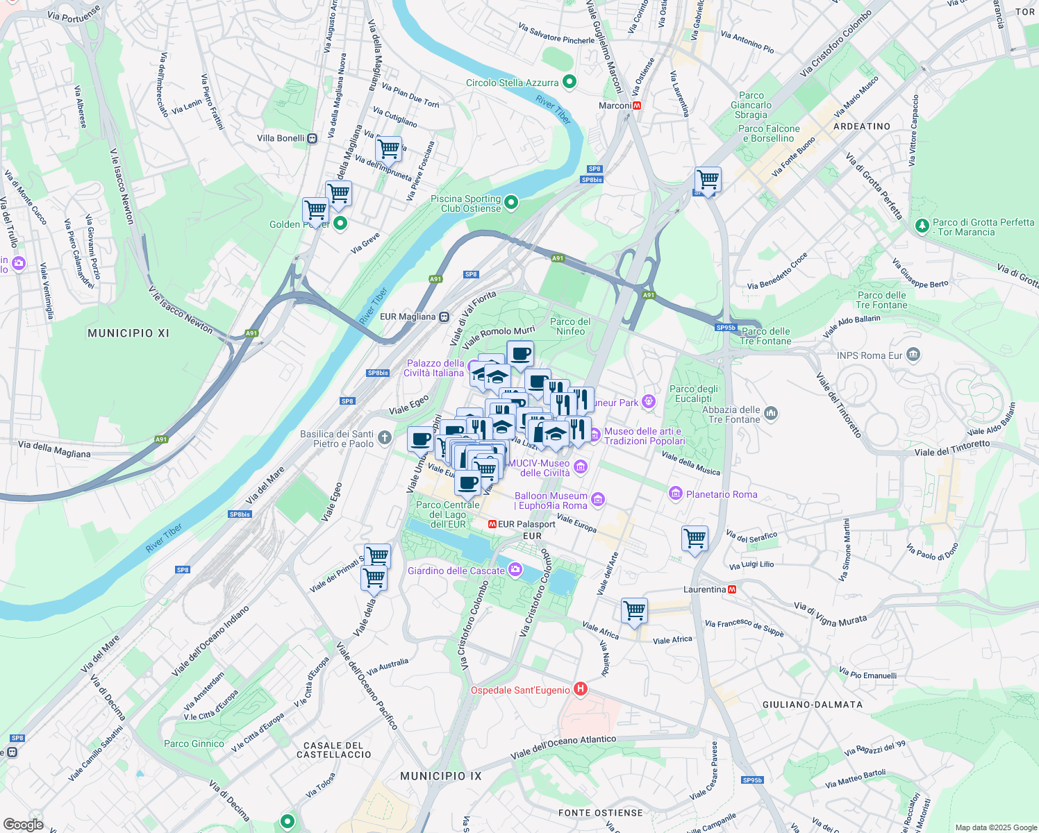 map of restaurants, bars, coffee shops, grocery stores, and more near 11 Viale Beethoven in Roma