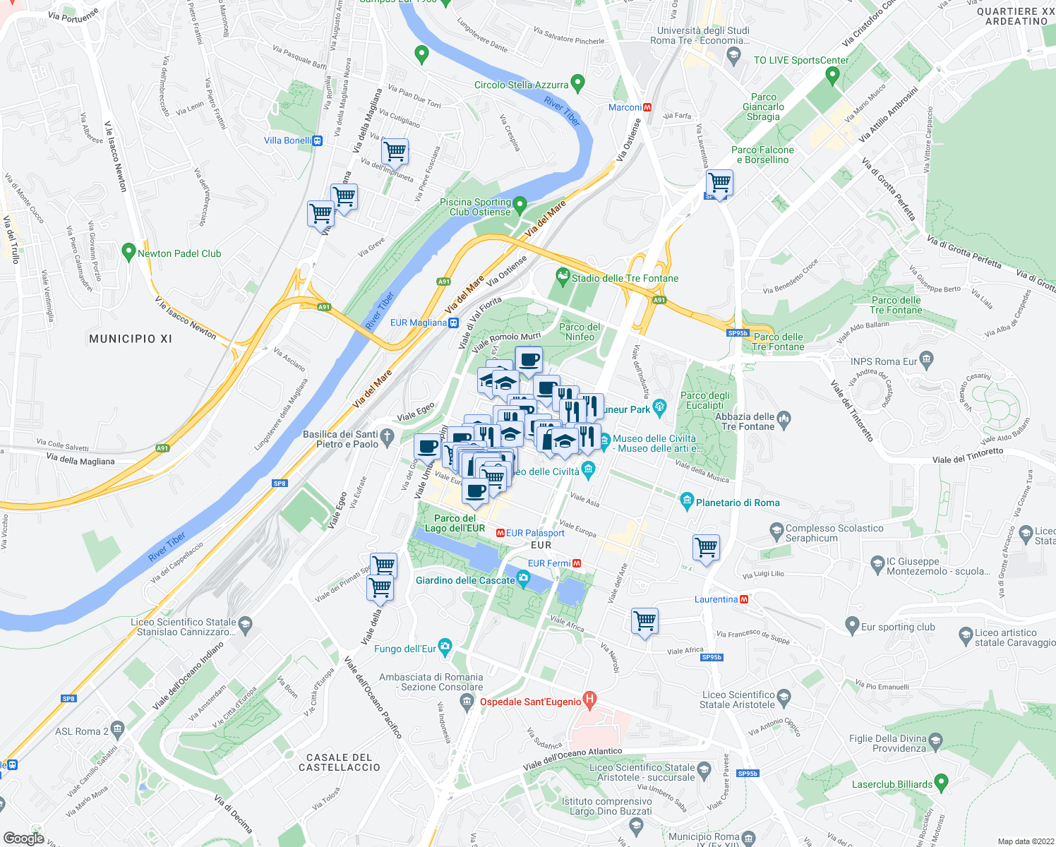 map of restaurants, bars, coffee shops, grocery stores, and more near 11 Viale Beethoven in Roma