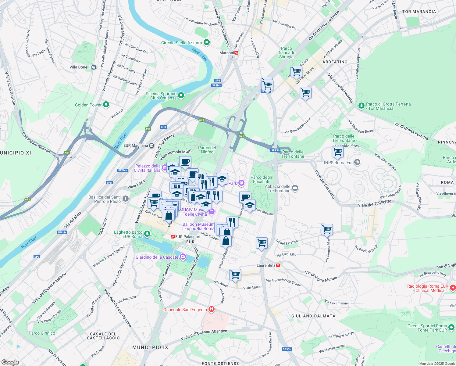 map of restaurants, bars, coffee shops, grocery stores, and more near 20 Piazzale dell'Industria in Roma