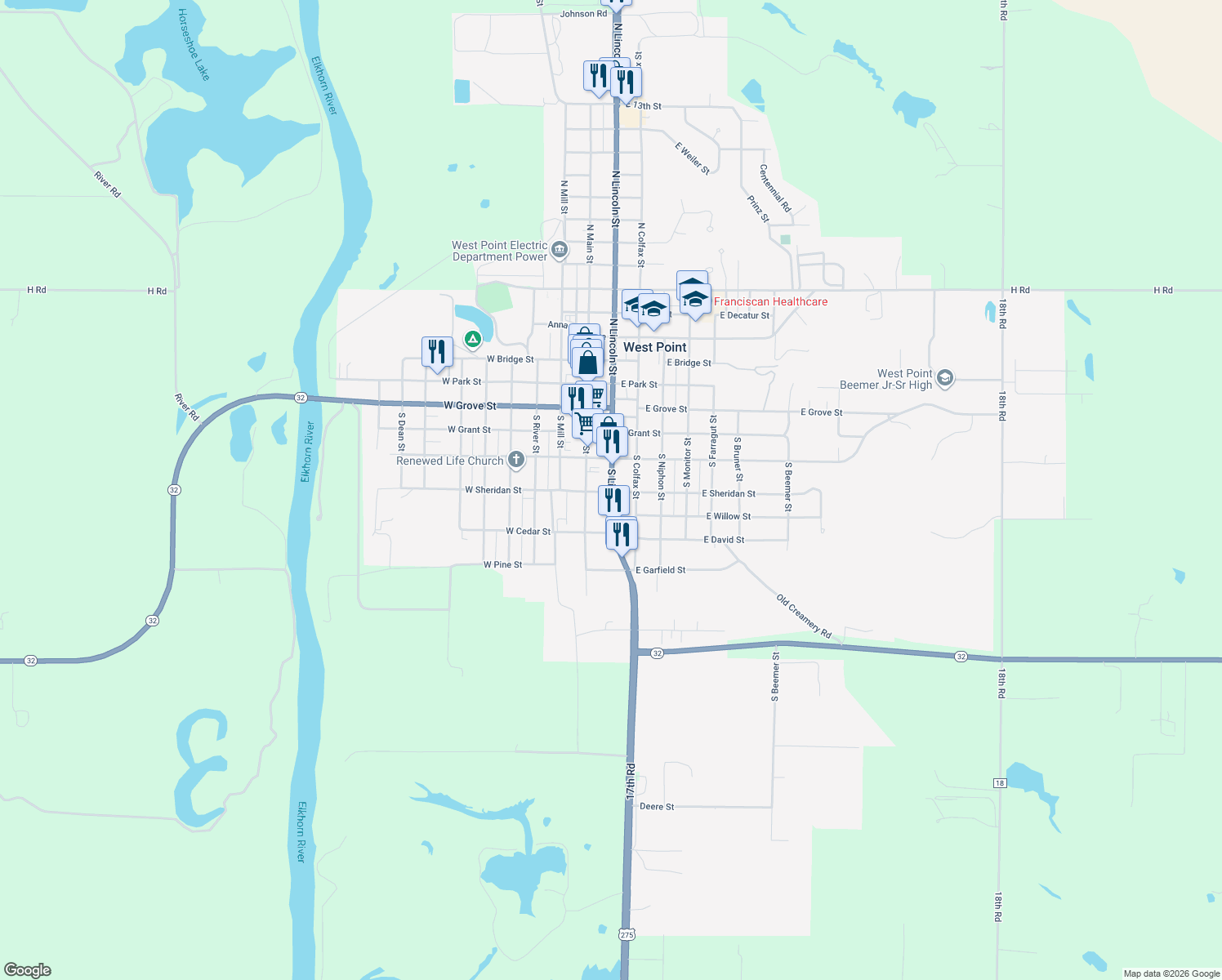 map of restaurants, bars, coffee shops, grocery stores, and more near 499 South Lincoln Street in West Point