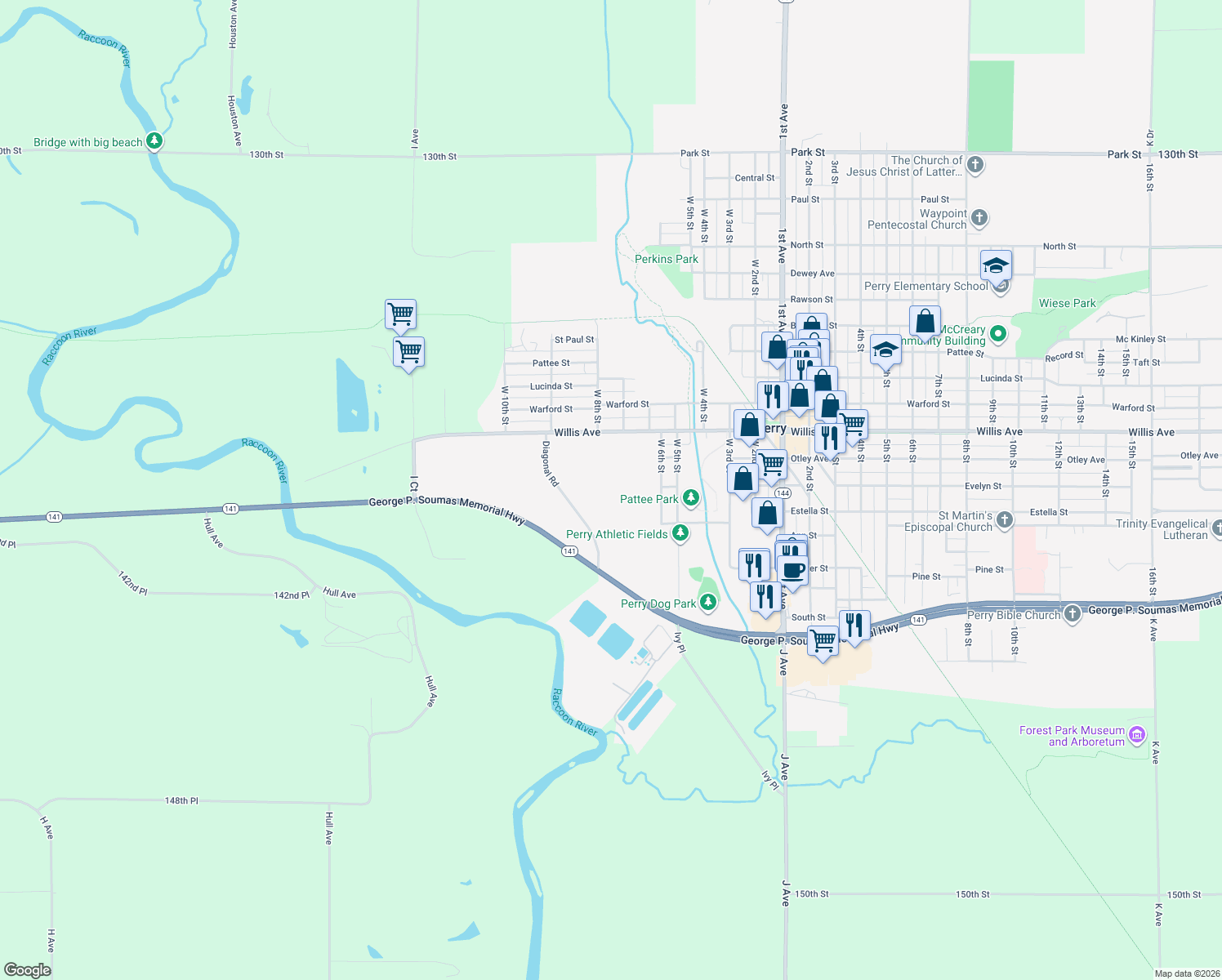 map of restaurants, bars, coffee shops, grocery stores, and more near 417 Willis Avenue in Perry