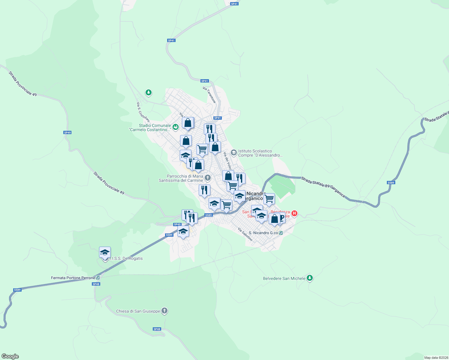 map of restaurants, bars, coffee shops, grocery stores, and more near 121 Via Giacomo Matteotti in San Nicandro Garganico
