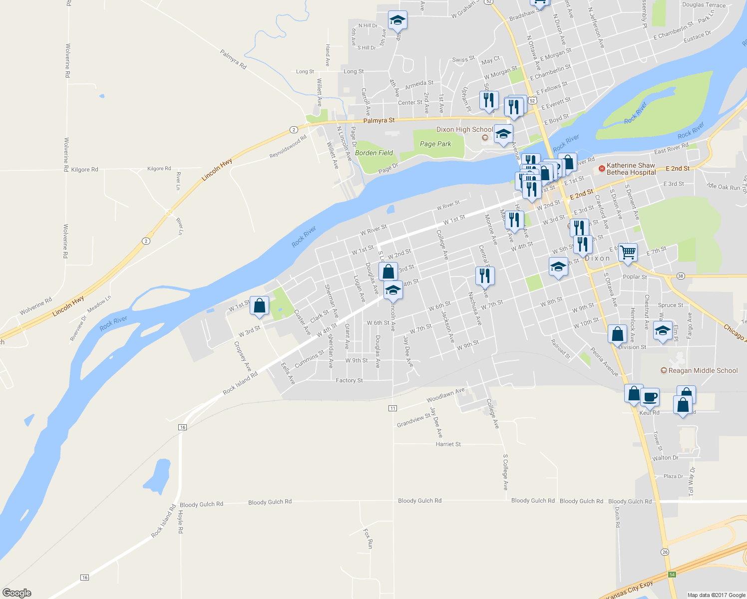 map of restaurants, bars, coffee shops, grocery stores, and more near 1515 West 4th Street in Dixon