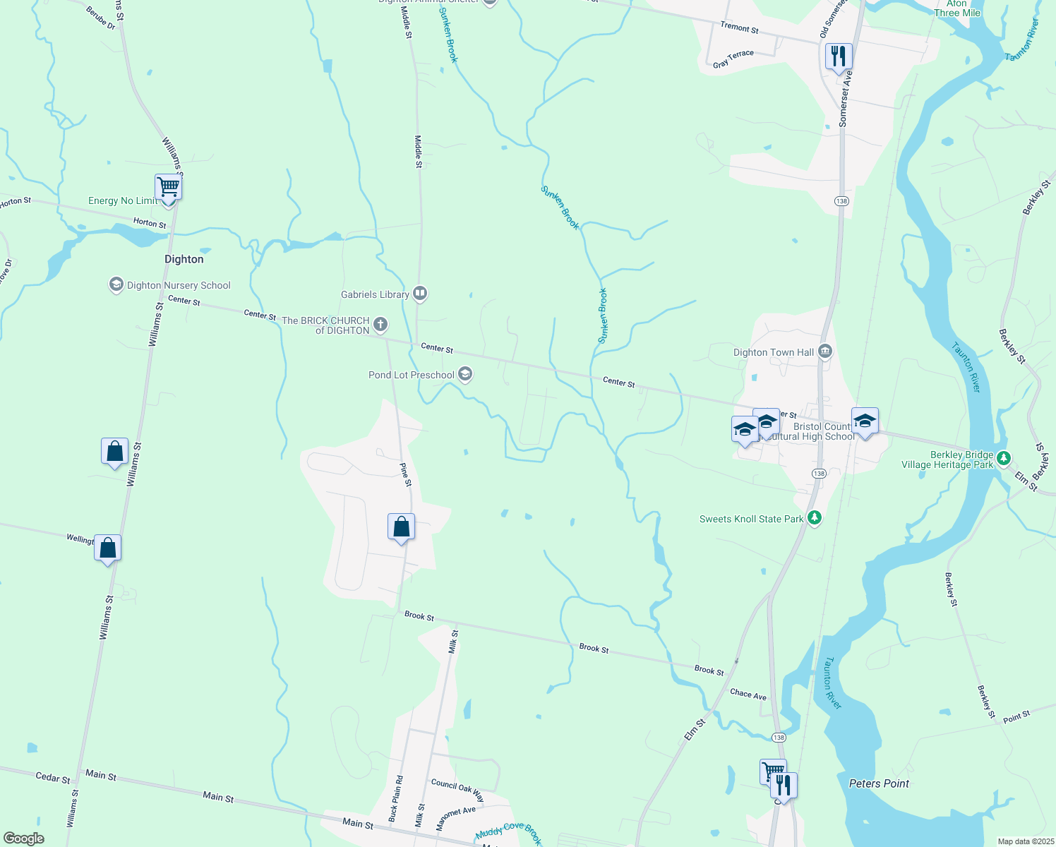 map of restaurants, bars, coffee shops, grocery stores, and more near 1317 Susan Rd in Dighton