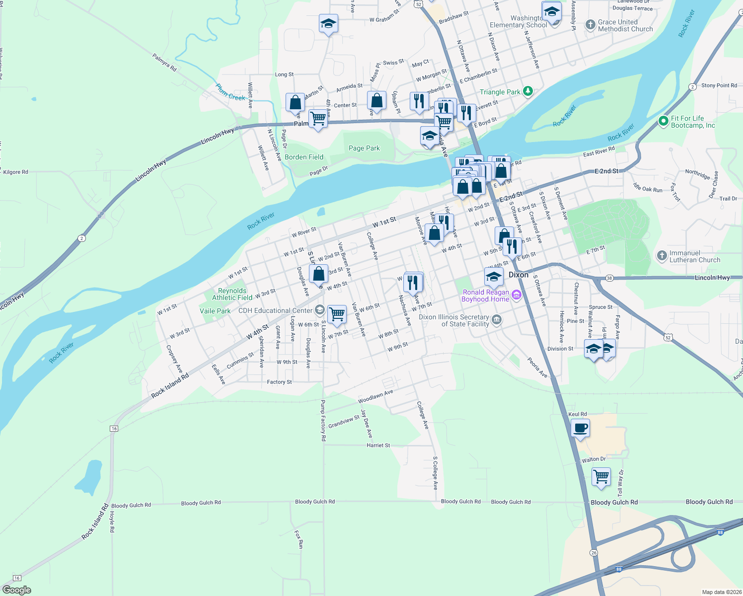 map of restaurants, bars, coffee shops, grocery stores, and more near 516 Jackson Avenue in Dixon