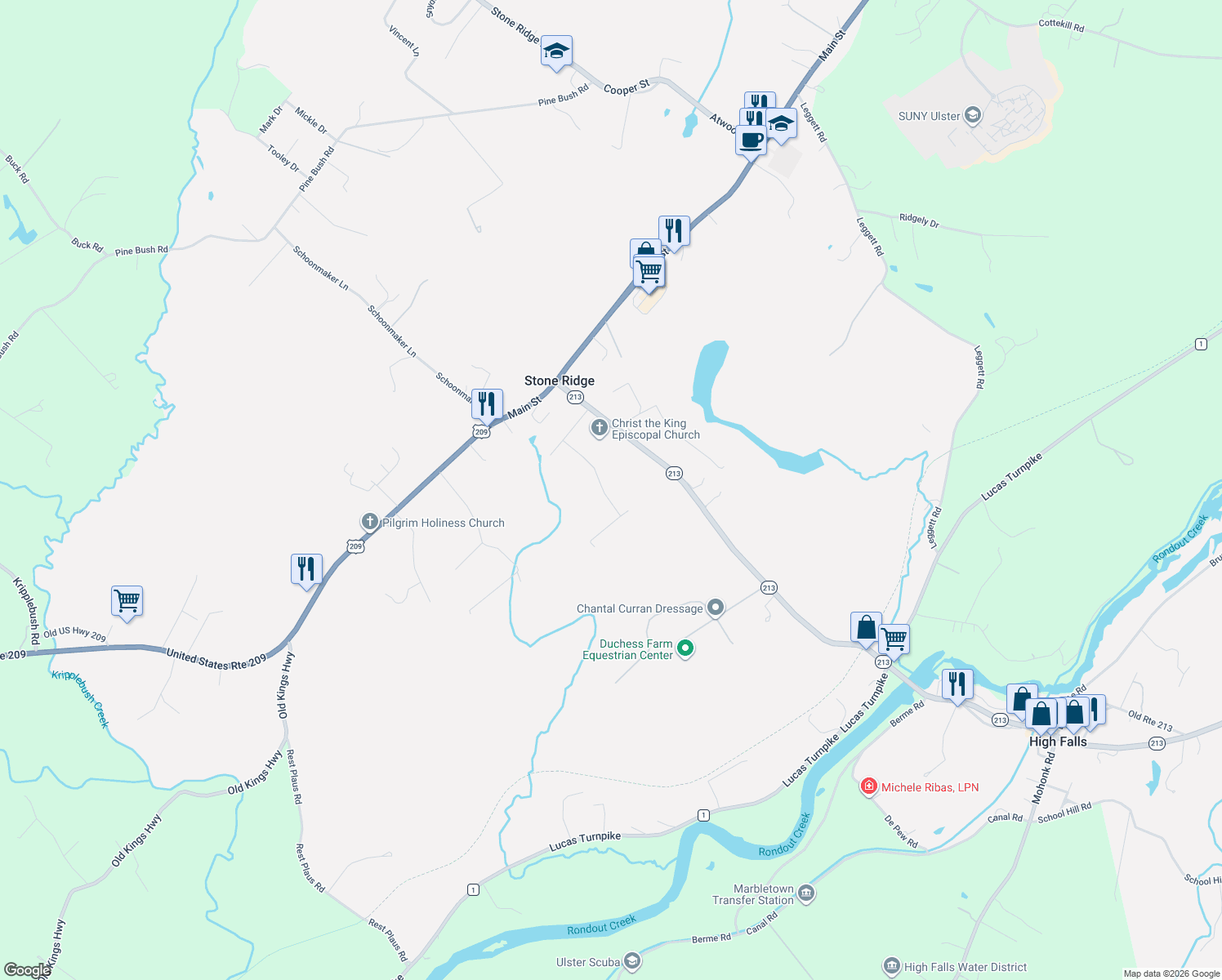 map of restaurants, bars, coffee shops, grocery stores, and more near 41 Alan Street in Stone Ridge