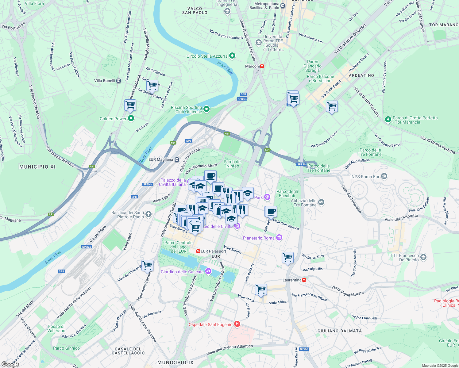 map of restaurants, bars, coffee shops, grocery stores, and more near 24 Piazzale dell'Agricoltura in Roma