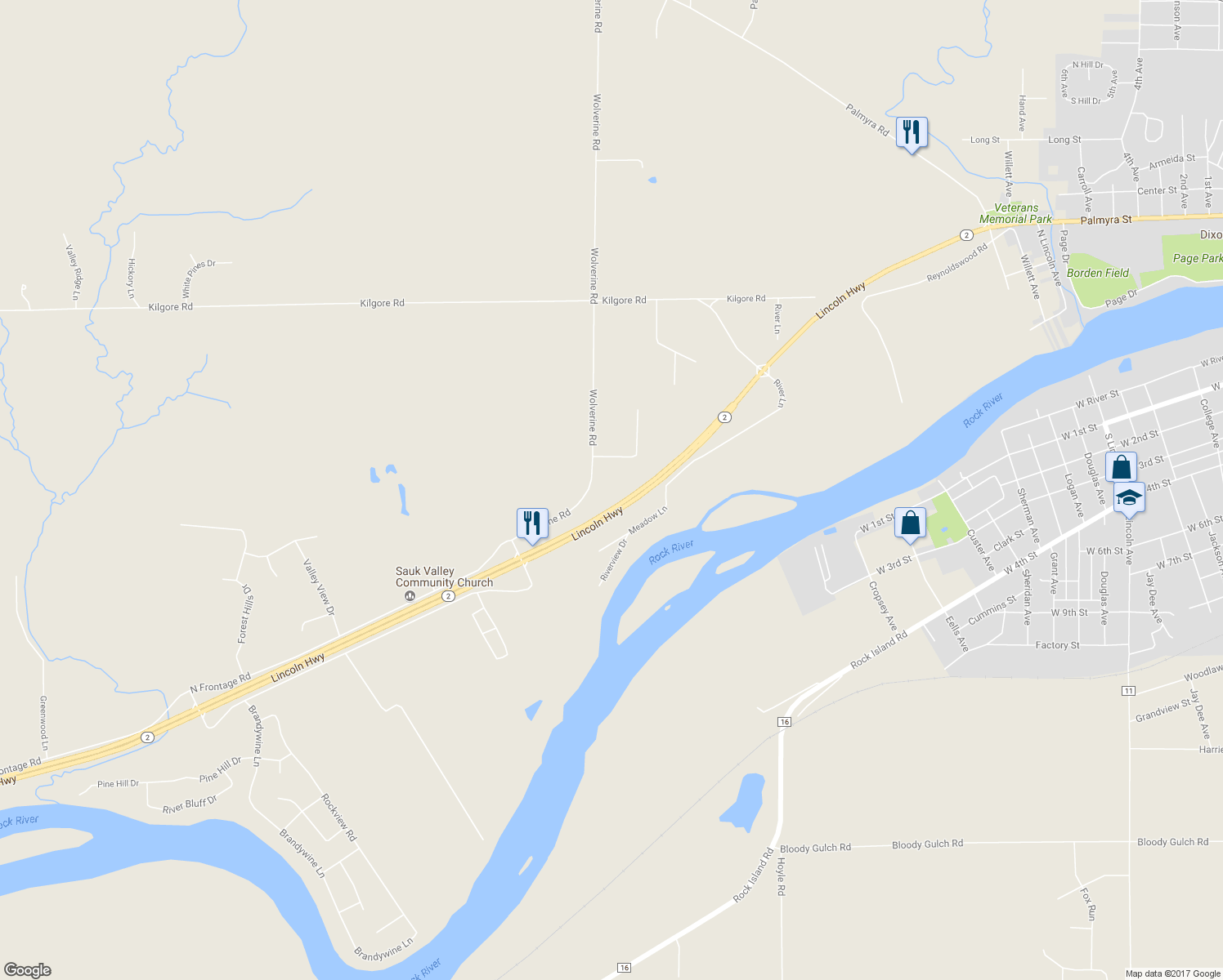 map of restaurants, bars, coffee shops, grocery stores, and more near 1742 Wolverine Road in Dixon