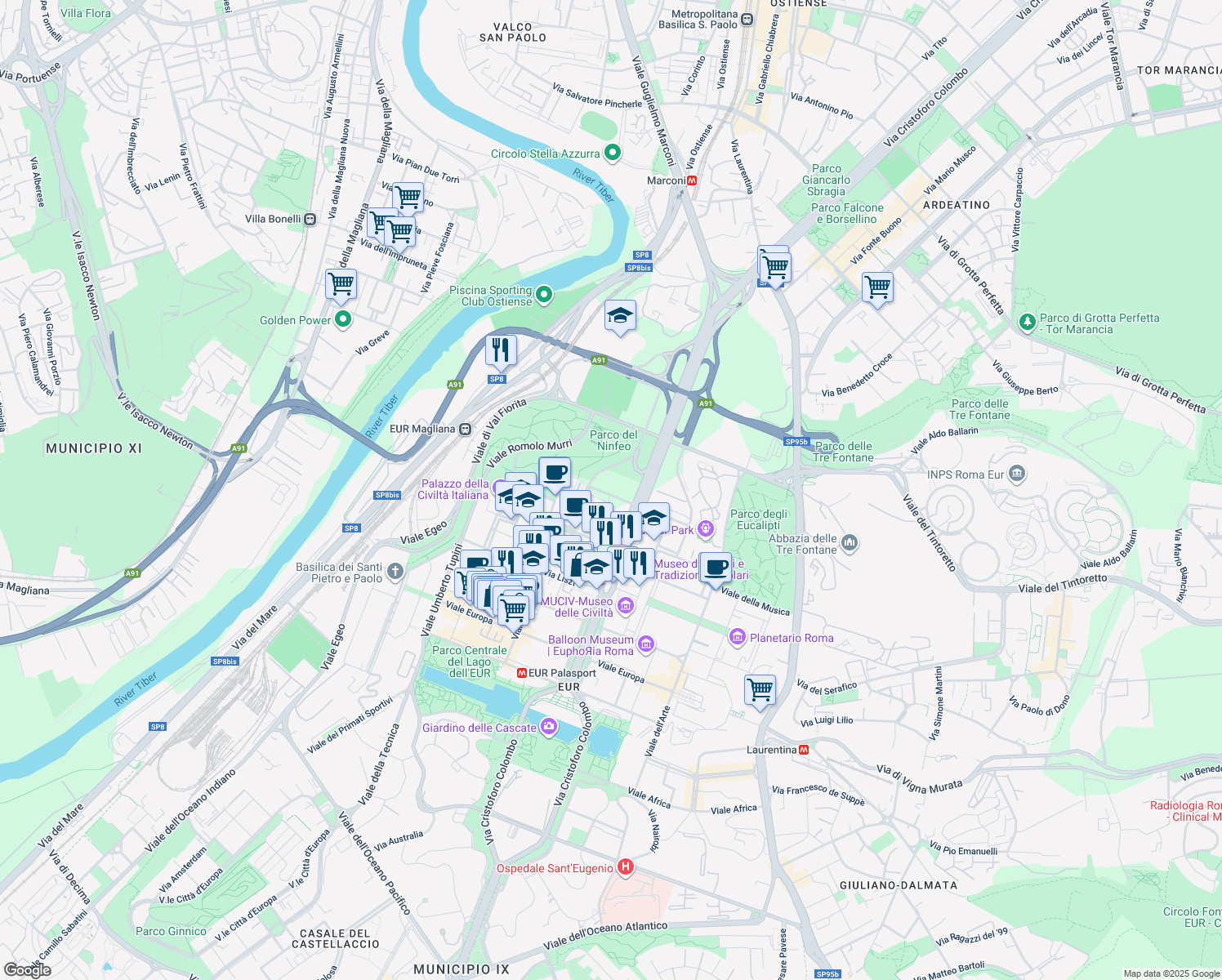 map of restaurants, bars, coffee shops, grocery stores, and more near 24 Piazzale dell'Agricoltura in Roma