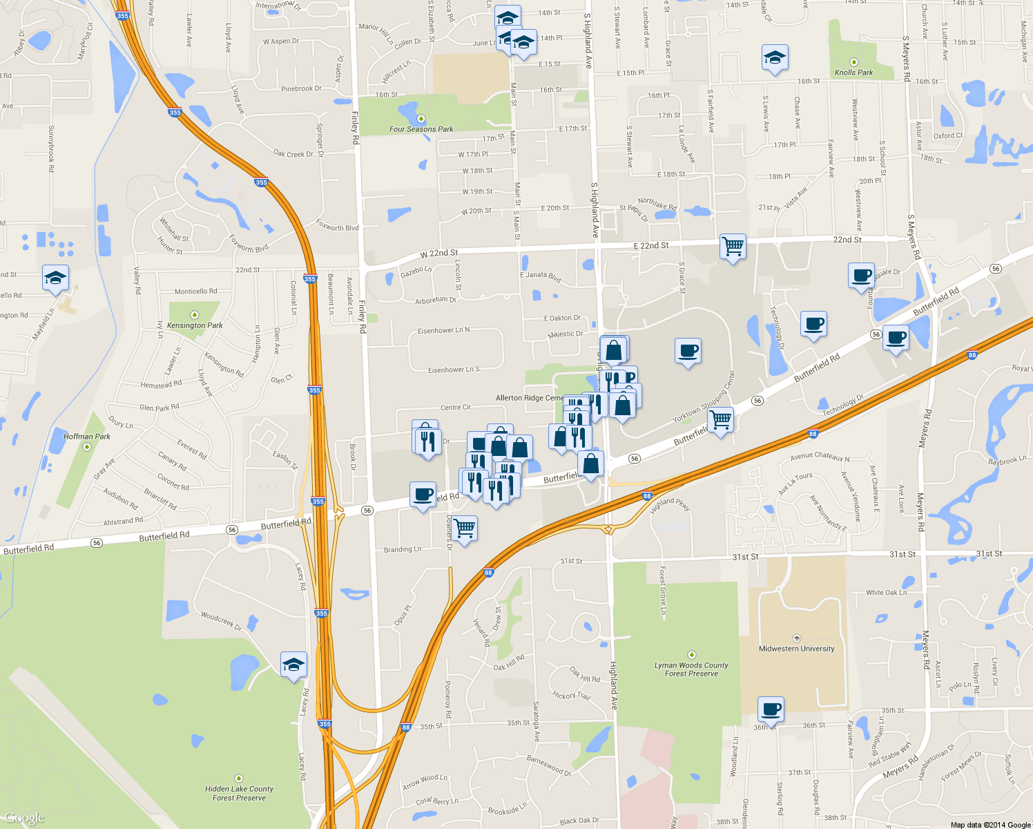 map of restaurants, bars, coffee shops, grocery stores, and more near 2801 Centre Circle in Downers Grove