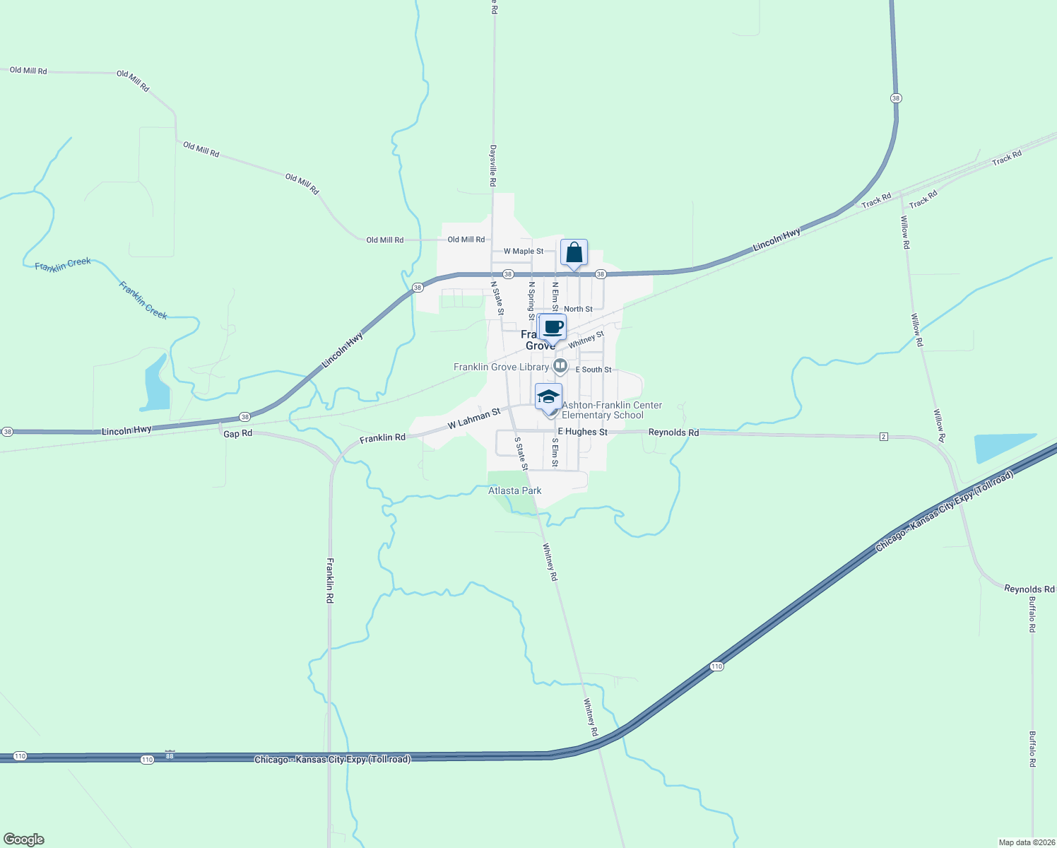 map of restaurants, bars, coffee shops, grocery stores, and more near 131 West Hughes Street in Franklin Grove