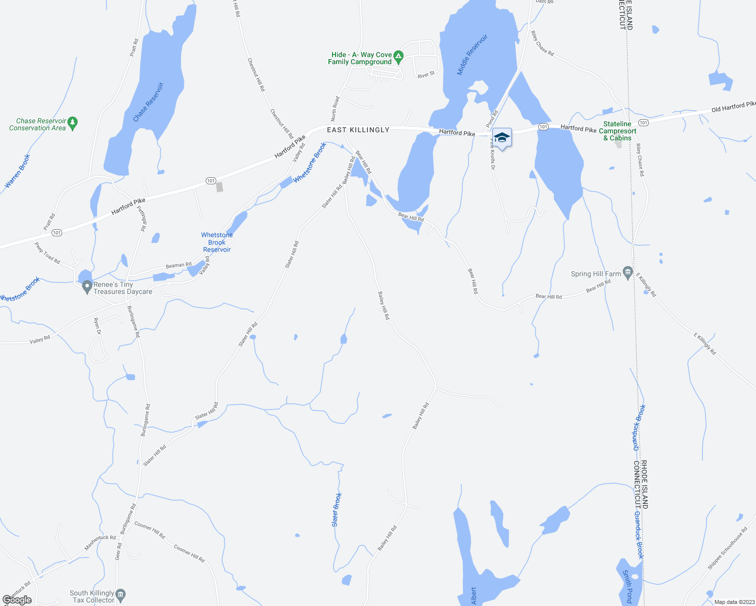 map of restaurants, bars, coffee shops, grocery stores, and more near 829 Bailey Hill Road in Killingly