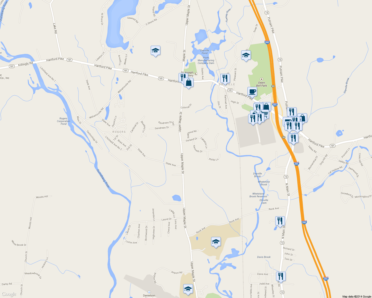 map of restaurants, bars, coffee shops, grocery stores, and more near 950 Upper Maple Street in Killingly