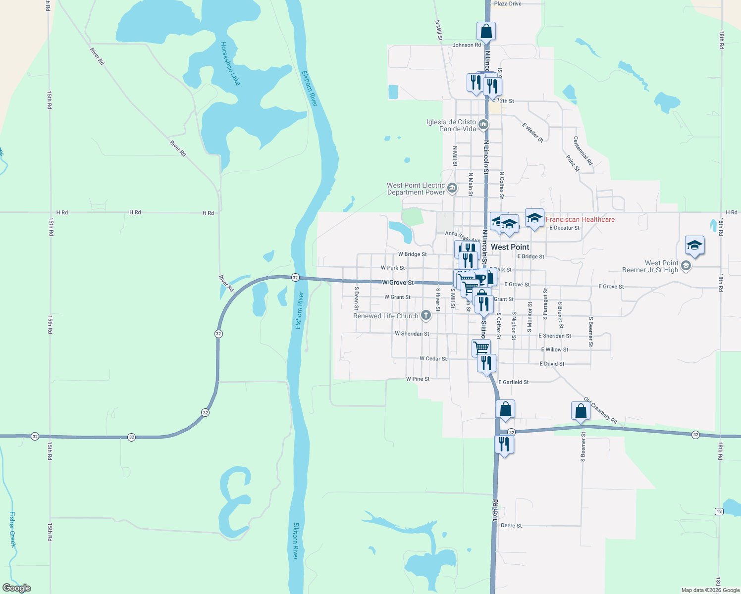 map of restaurants, bars, coffee shops, grocery stores, and more near 699 West Grant Street in West Point