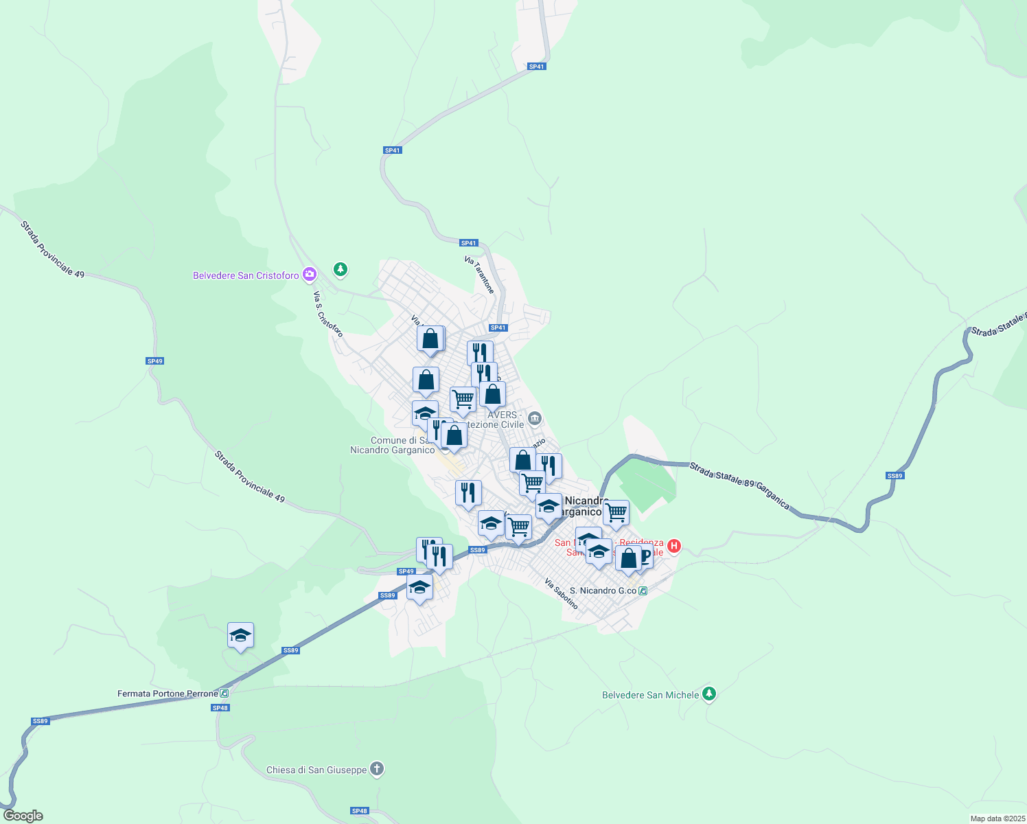 map of restaurants, bars, coffee shops, grocery stores, and more near 16 Via degli Apuli in San Nicandro Garganico