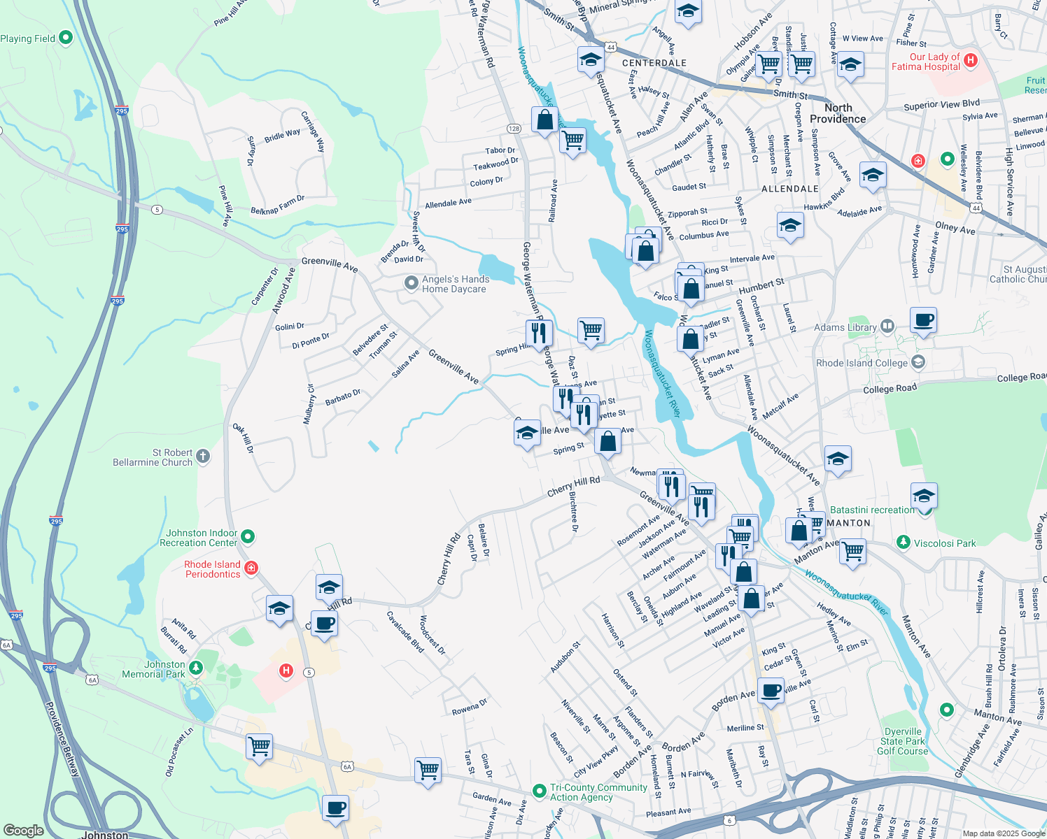 map of restaurants, bars, coffee shops, grocery stores, and more near 309 Greenville Avenue in Johnston