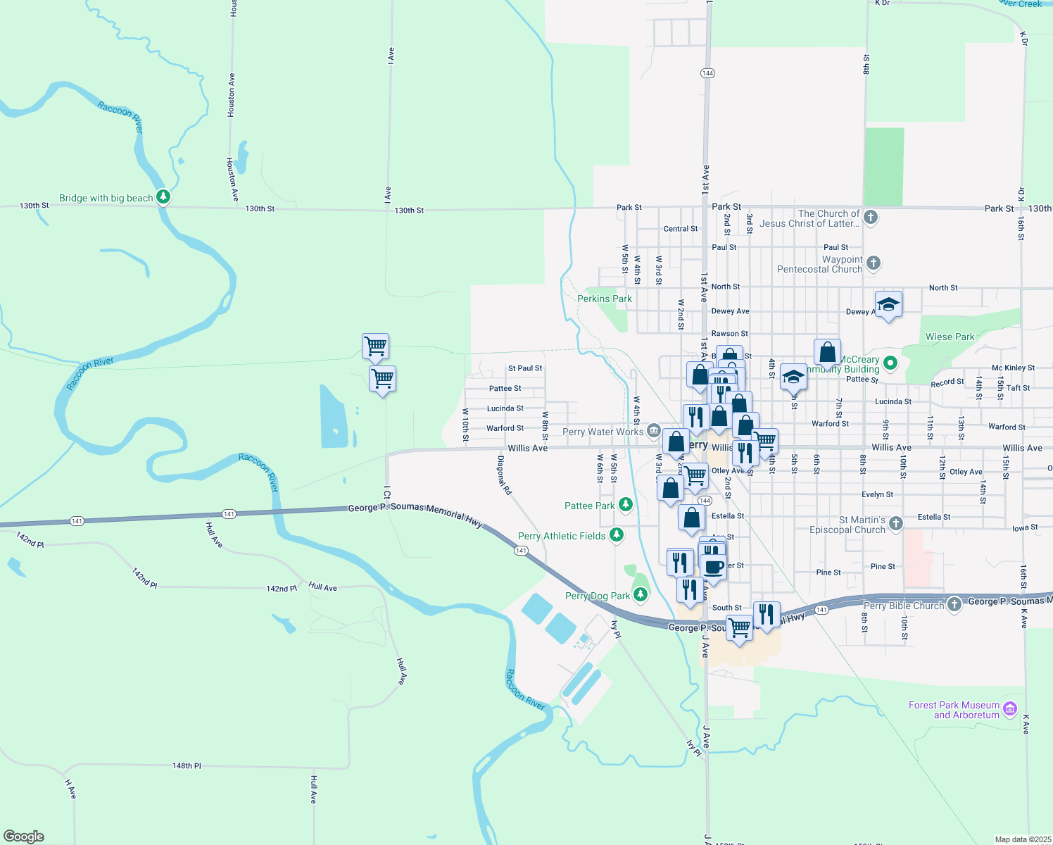 map of restaurants, bars, coffee shops, grocery stores, and more near 316 Warford St in Perry
