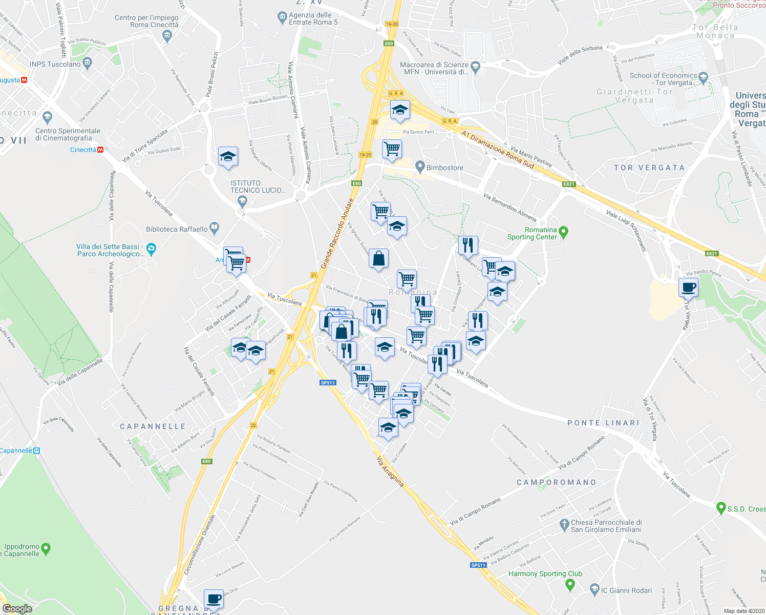 map of restaurants, bars, coffee shops, grocery stores, and more near 138 Via Francesco di Benedetto in Rome