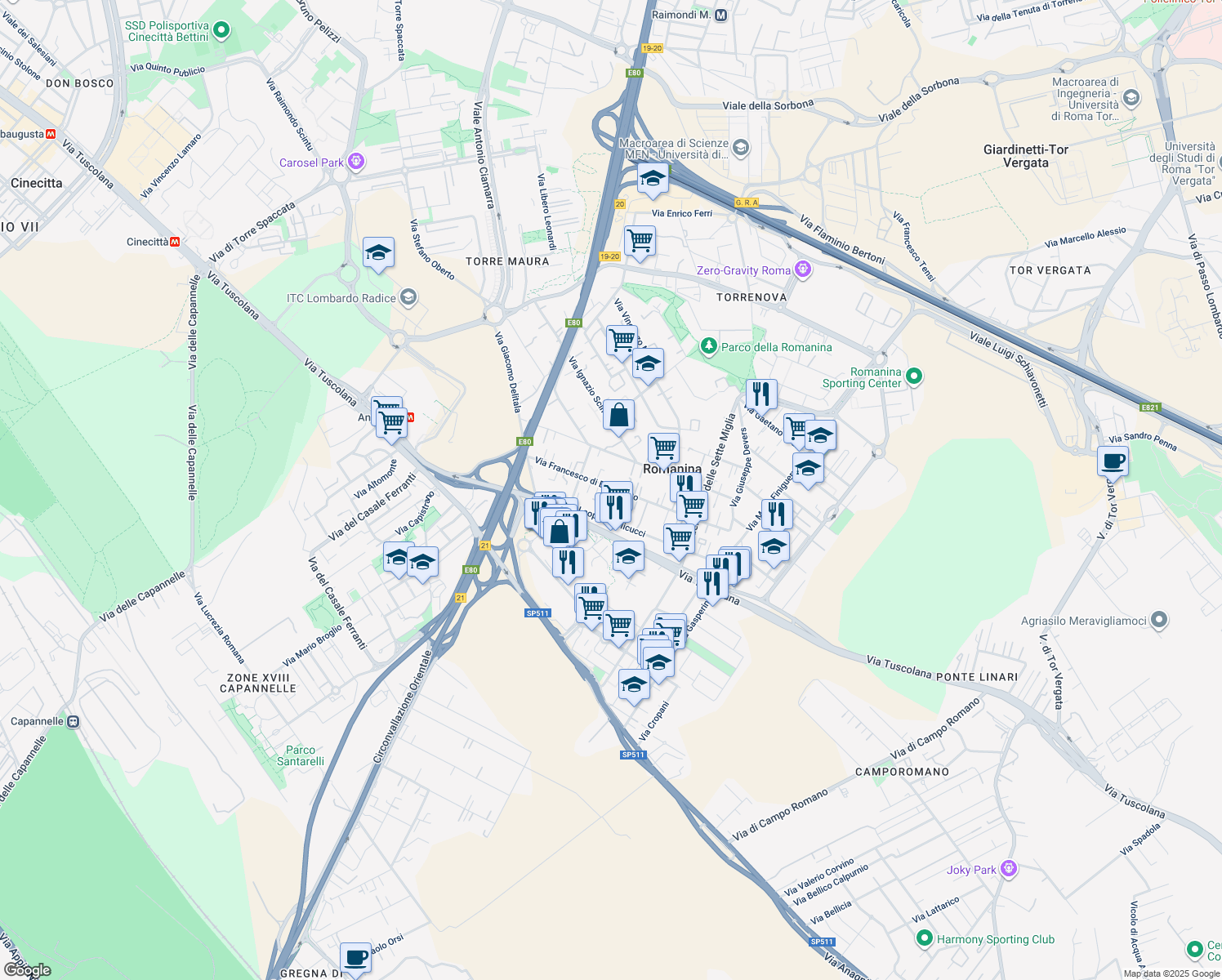 map of restaurants, bars, coffee shops, grocery stores, and more near 138 Via Francesco di Benedetto in Roma