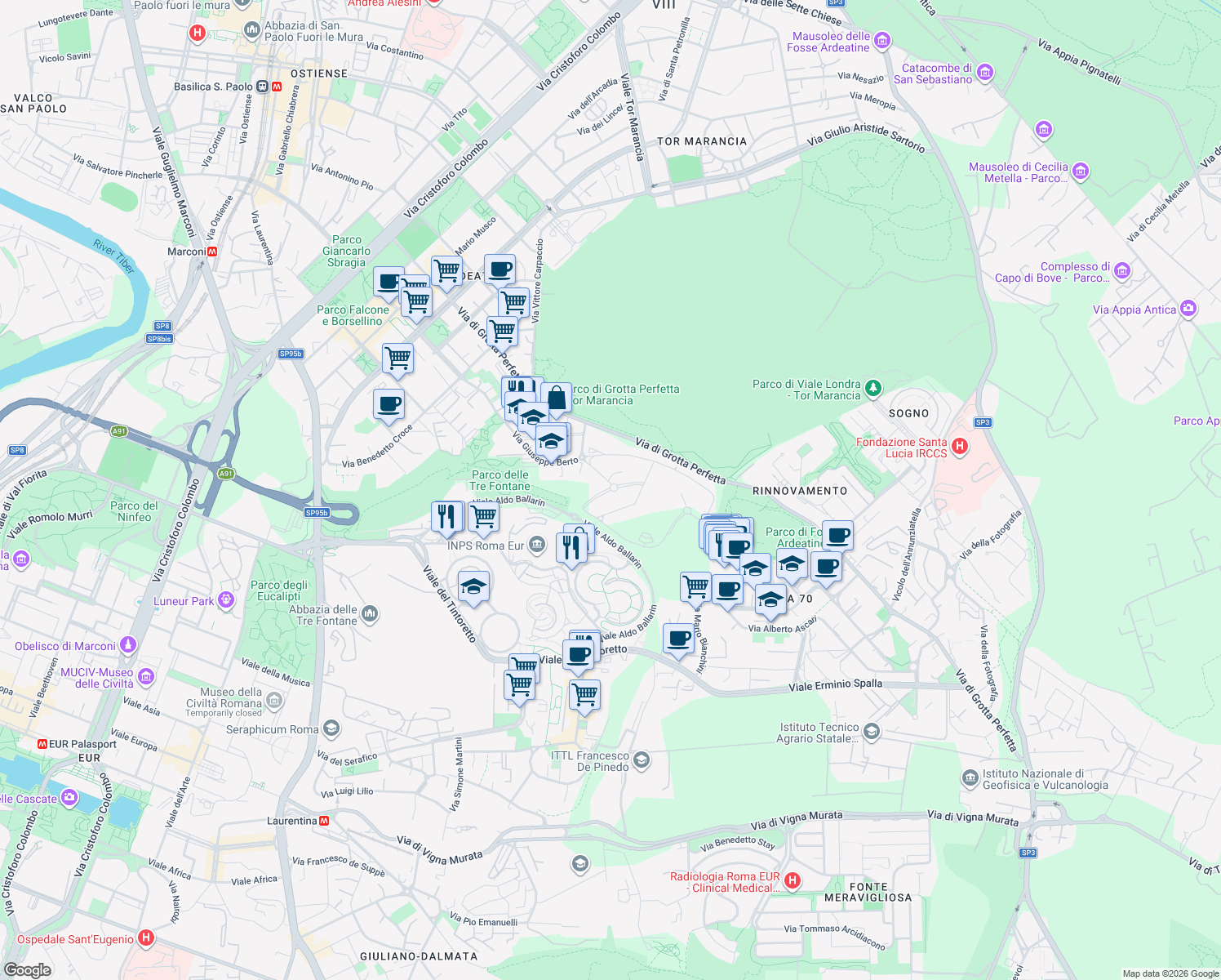 map of restaurants, bars, coffee shops, grocery stores, and more near Viale Aldo Ballarin in Rome